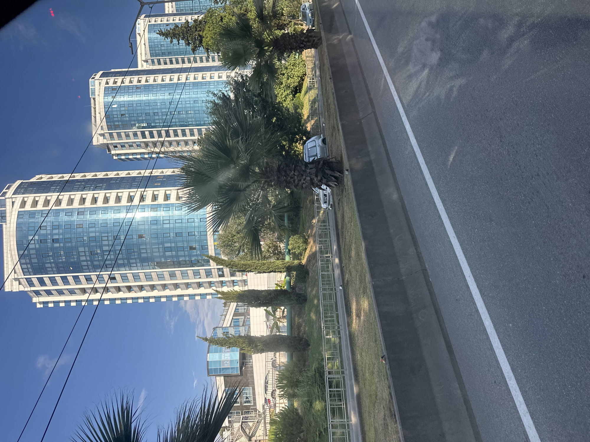 In Sochi, Russia, on a sunny day, a street scene unfolds with modern high-rise buildings and palm trees. The perspective is from a moving vehicle, looking towards a street with a divided lane and a concrete barrier. In the foreground, the asphalt road surface with a white lane marker is visible. Beyond the barrier, a grassy median is present, dotted with a few small birds.
Tall, slender palm trees line the median, with their fronds swaying gently. Behind them, several modern, multi-story buildings with predominantly blue-tinted glass facades dominate the skyline. These buildings have white trim and balconies. Interspersed with the palm trees are tall, cypress-like trees.
On the road, several vehicles are visible. A silver minivan is parked in the median, and other cars are seen in the background. A lower-rise building with glass accents and an external staircase is situated between the street and the high-rise buildings. The sky above is a clear, vibrant blue. The overall impression is of a well-developed urban environment with a tropical or subtropical aesthetic.