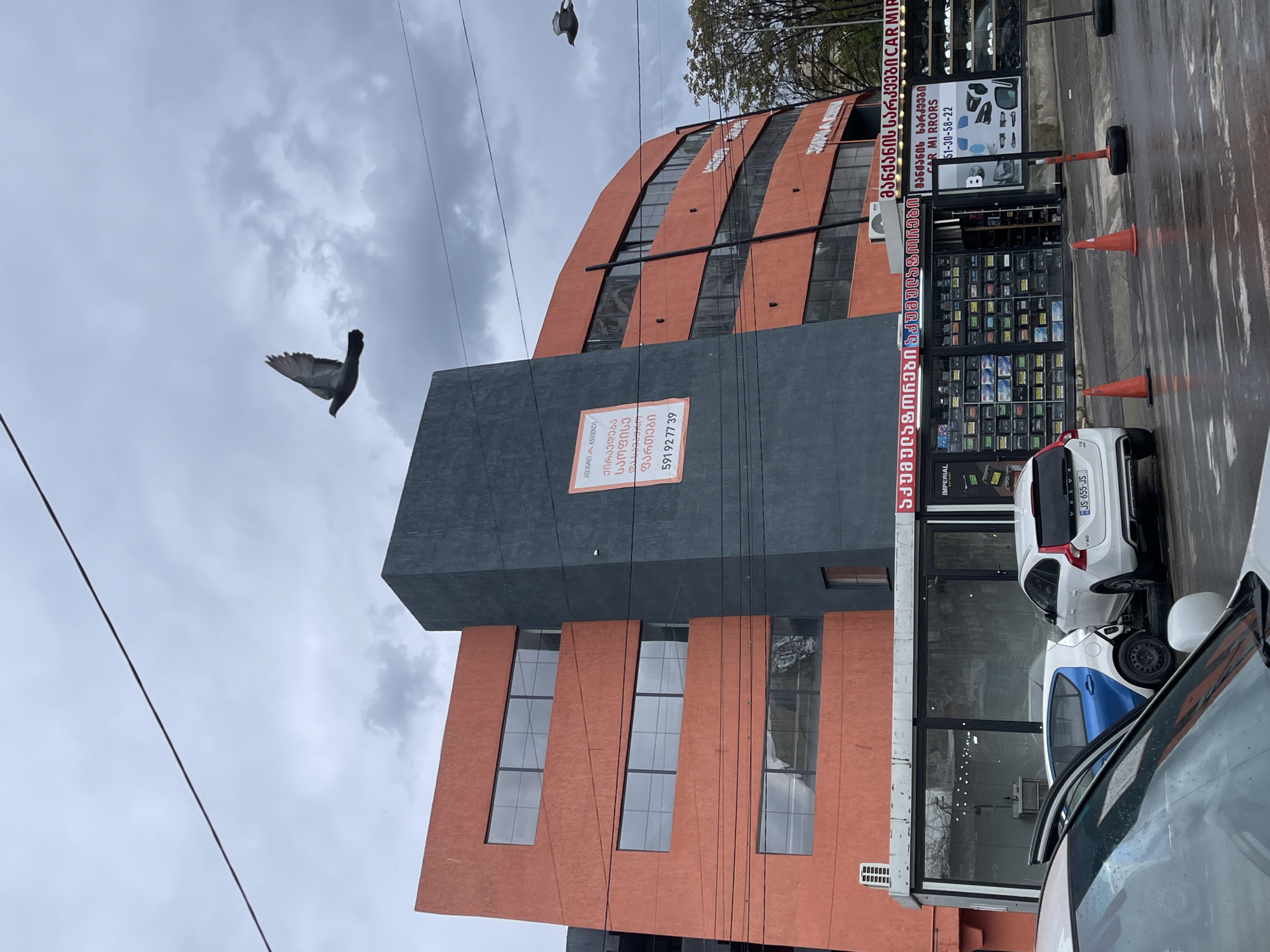 The image shows a modern, angular building with a blend of terracotta and dark gray facades under an overcast sky. A bird is captured mid-flight against the backdrop of the building and the gray sky. The building has a sign advertising rental spaces with a phone number. Below, a storefront is visible with a display of what appears to be car batteries. A sign above reads "CAR MIRRORS" in both Georgian and English. Two cars are parked near the store, a white one and a blue and white one. Orange traffic cones are placed on the wet pavement in front of the store. The location is likely in Tbilisi, Georgia, due to the Georgian language on the signage. Electrical lines are strung across the sky in front of the building.