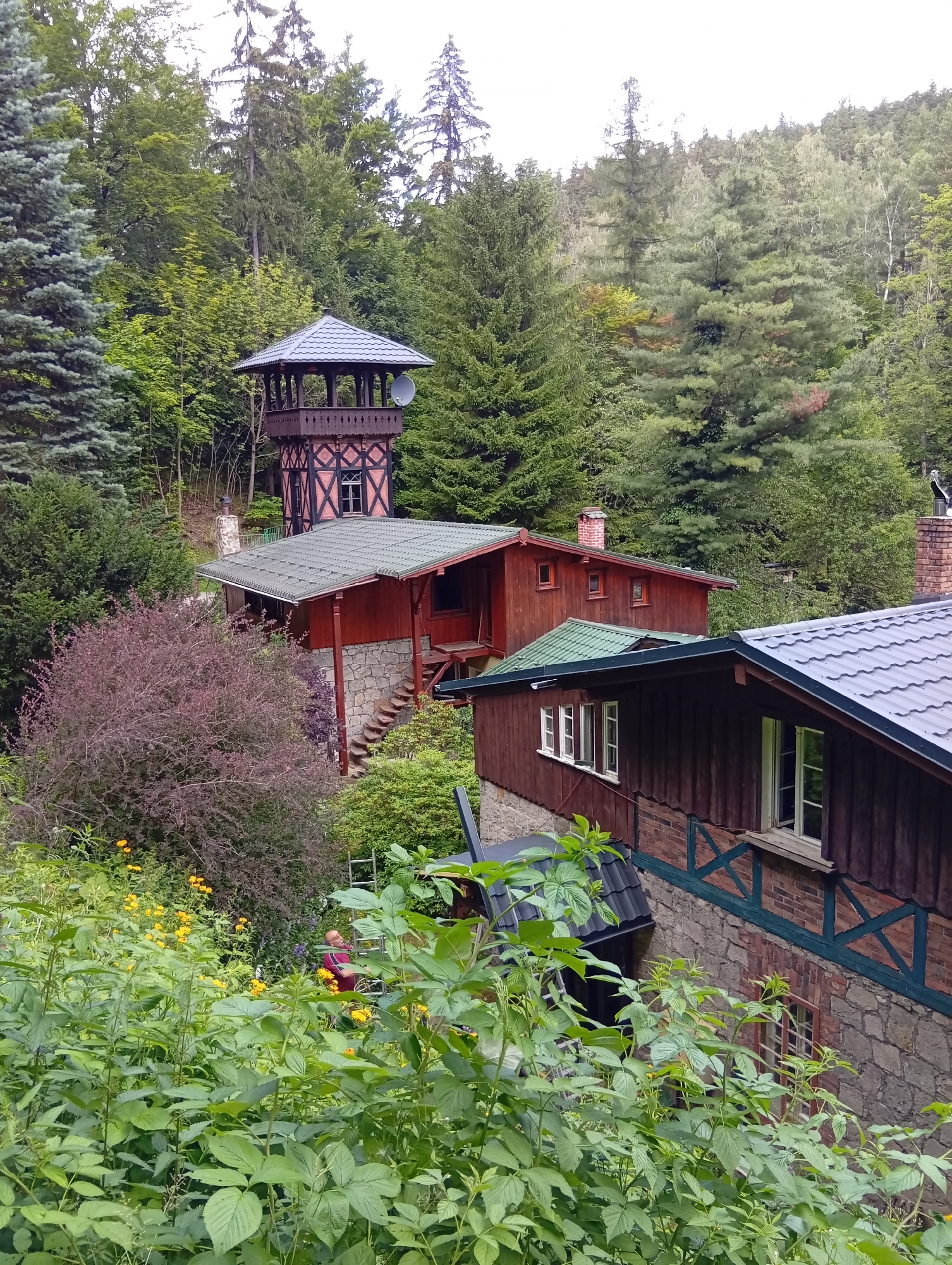The image depicts a multi-story wooden and stone building complex nestled within a dense forest in Karpacz, Poland. A prominent observation tower, featuring a dark-tiled roof and a dark, ornate wooden structure with red infill panels, stands taller than the surrounding buildings. The main buildings are constructed with dark wooden siding and stone foundations, with visible brickwork and timber framing details. Red-tiled roofs cover some sections, while others have a dark gray, tiled roof. Several windows are visible, some with white frames and others with dark frames. Green foliage, including trees, bushes, and flowering plants, dominates the foreground and surrounding environment. In the lower right portion of the image, a person wearing a red shirt is visible near a ladder, surrounded by lush green plants and some yellow flowers. The scene suggests a secluded, perhaps historical, establishment within a natural woodland setting.