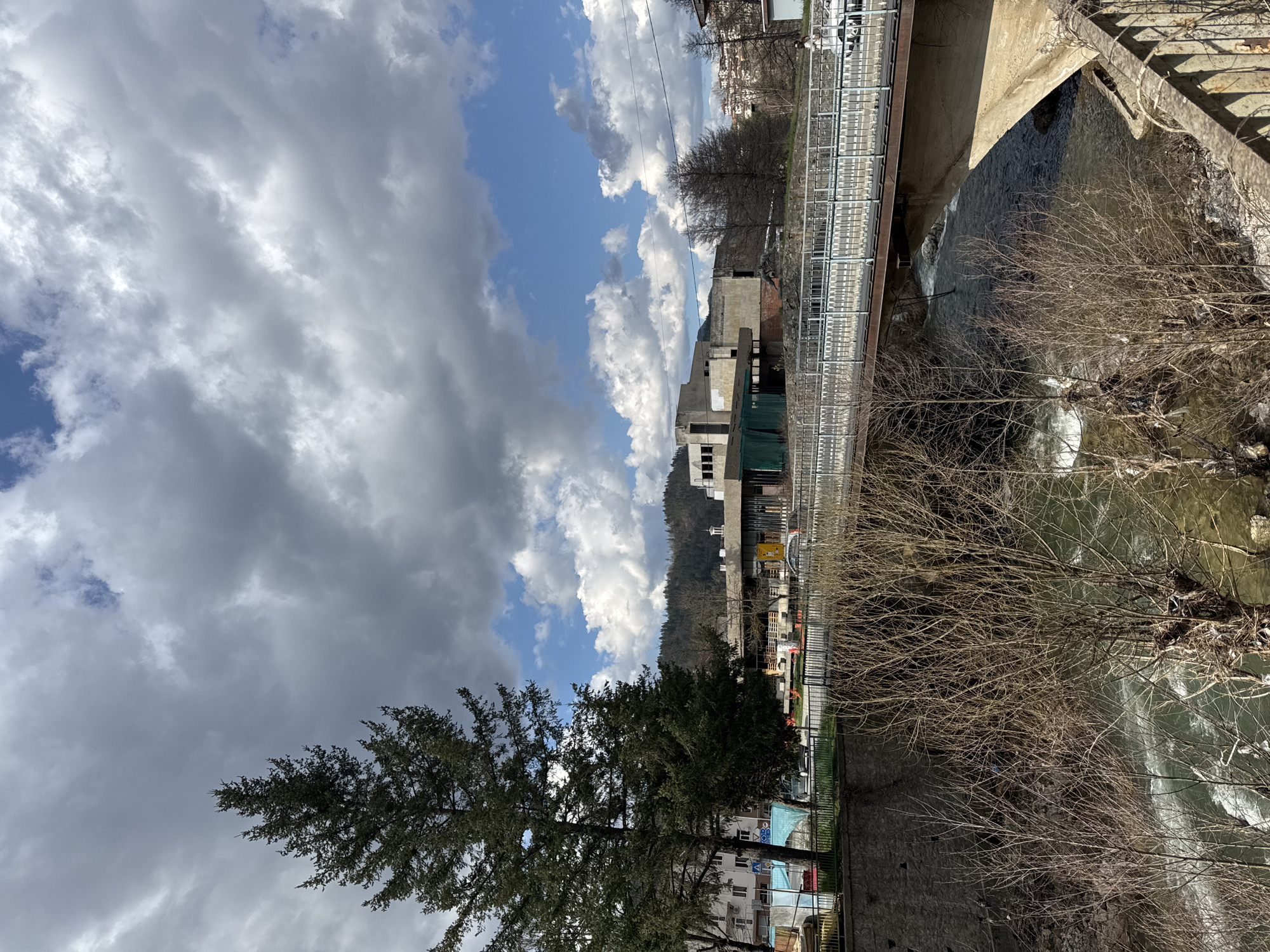 The image depicts a scene in Rudozem, Bulgaria, showing a river flowing under a bridge. The river appears turbulent, with visible whitewater. Bare trees line the riverbank. A modern bridge with metal railings spans the river. Beyond the bridge, buildings are visible, backed by a forested mountain. The sky is partly cloudy. A large evergreen tree dominates the foreground on the left side of the image.