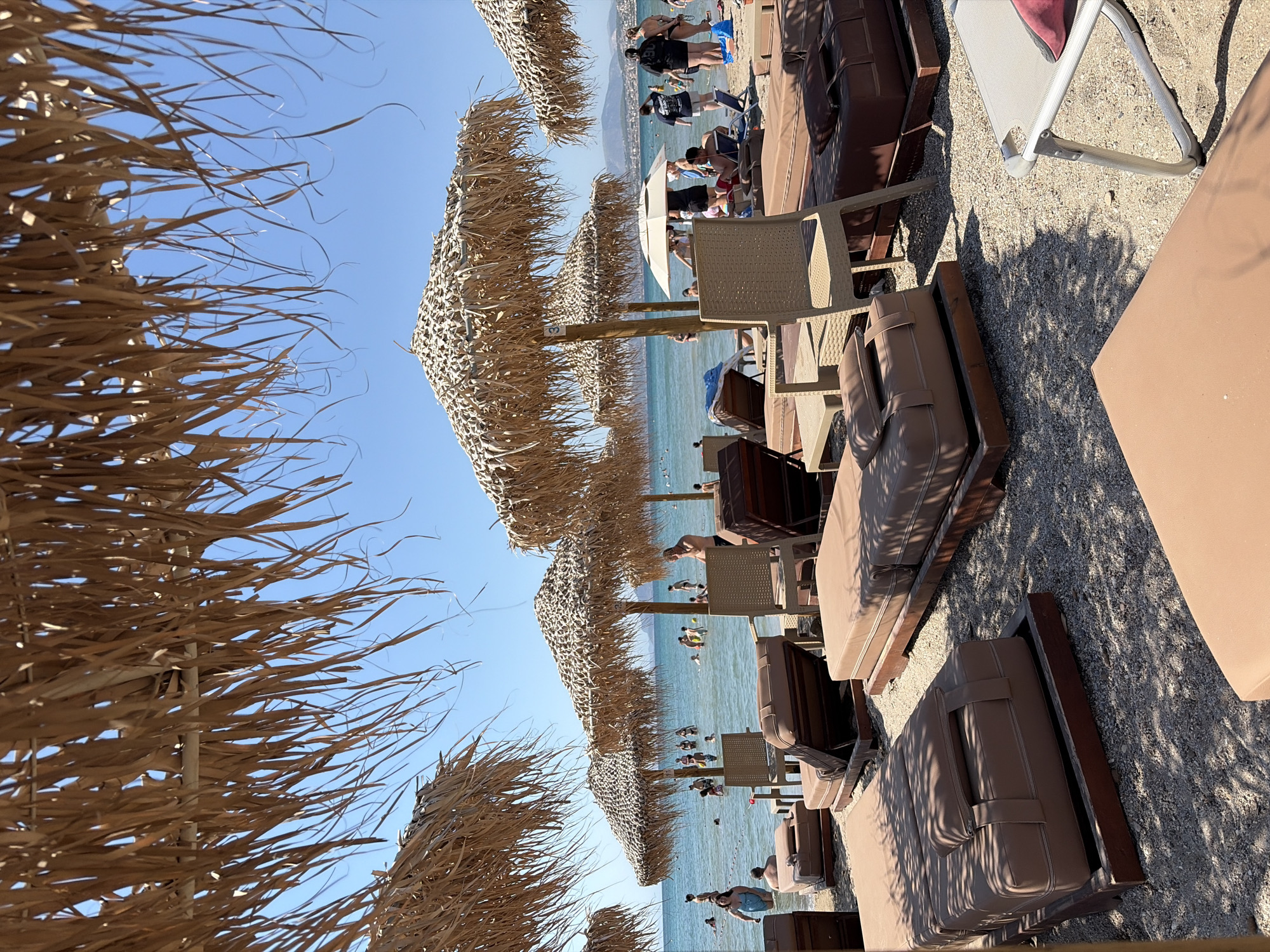 The image depicts a sunny beach scene with numerous thatched umbrellas and lounge chairs on a sandy shore. The ocean is visible in the background with many people swimming and enjoying the water. The lounge chairs are upholstered in brown fabric and some are arranged in front of the umbrellas. The umbrellas are made of dried palm fronds and provide shade over the lounge chairs. The environment appears to be a resort or a public beach with amenities. The sky is clear blue.