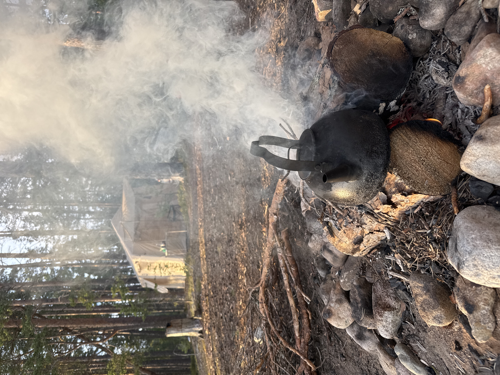 An outdoor scene in the city of Priladozhskoe, Russia, features a campfire with a black kettle being heated. The campfire is made of rocks and logs, with visible embers and flames. White smoke billows from the kettle and disperses into the surrounding forest. In the background, a canvas tent is set up, suggesting a campsite. The environment is a forest with tall trees and scattered branches on the ground. The lighting indicates it is either early morning or late afternoon, with sunlight filtering through the trees. There are no people visible in the image.
