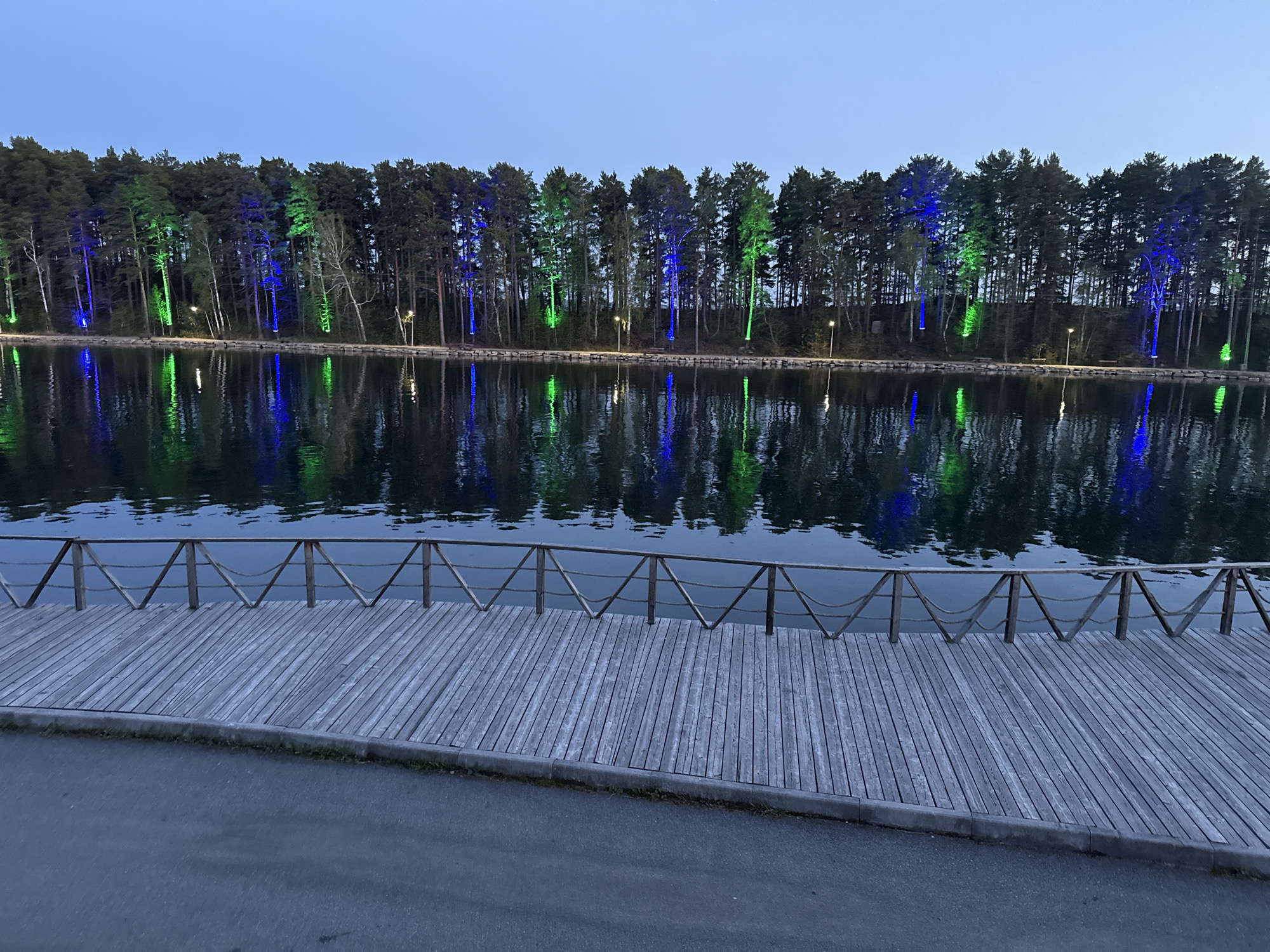 The image depicts a lake surrounded by a forest in Turgoyak, Russia, at dusk. Several trees along the shoreline are illuminated with green and blue lights, which are reflected in the calm water. A wooden boardwalk with a railing made of wooden triangles and rope runs along the foreground of the lake. A paved area is visible below the boardwalk. The overall scene is tranquil and illuminated by artificial lighting.