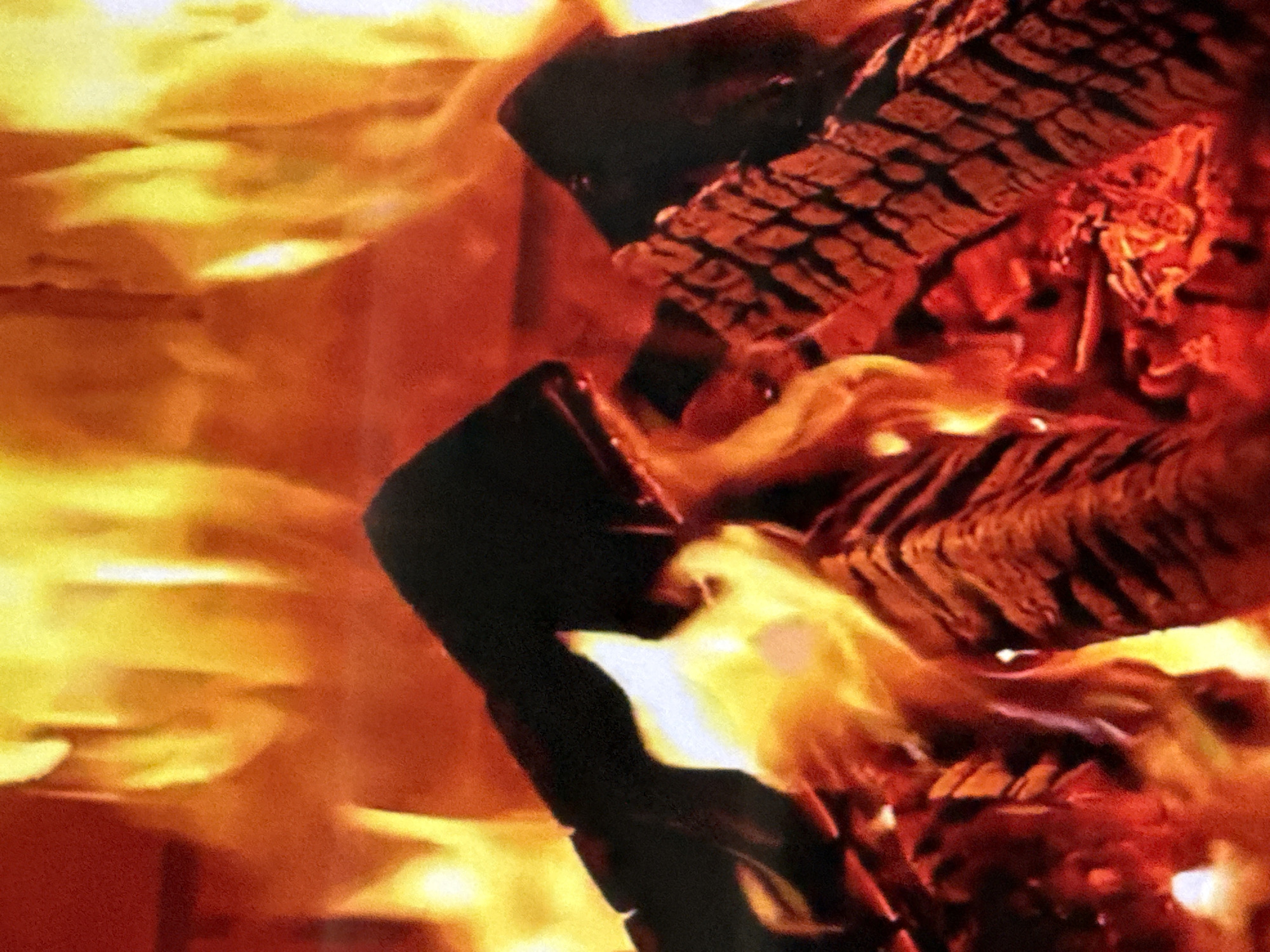 A close-up, eye-level, medium shot captures logs burning intensely within a fireplace. Flames in various shades of yellow, orange, and red dominate the upper portion of the frame, licking and engulfing the dark, textured surfaces of the logs below. The logs themselves appear charred and cracked, revealing their inner structure, with some areas glowing with heat. The background is a blur of deep red and bright yellow, suggesting the heat and light radiating from the fire. The scene is devoid of any people or recognizable landmarks, focusing solely on the dynamic and fiery transformation of the wood.