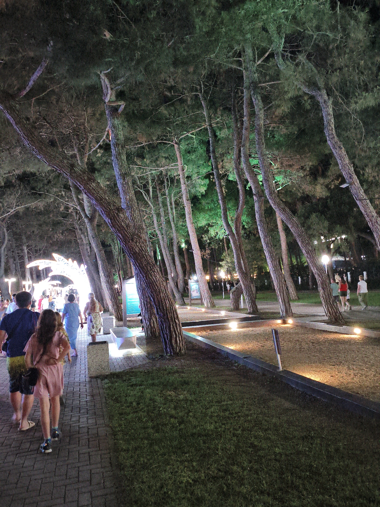 A group of people walk along a paved pathway lined with trees at night. The trees are illuminated by green lights from above, and several ground-level lights cast a warm glow on the pathway and surrounding grassy areas. In the background, a large illuminated archway is visible, with more people walking through it. The scene appears to be an outdoor promenade or park area, likely a tourist destination within the city of Krinitsa, Russia, given the context. The individuals are dressed in casual attire, suggesting a leisurely evening stroll.