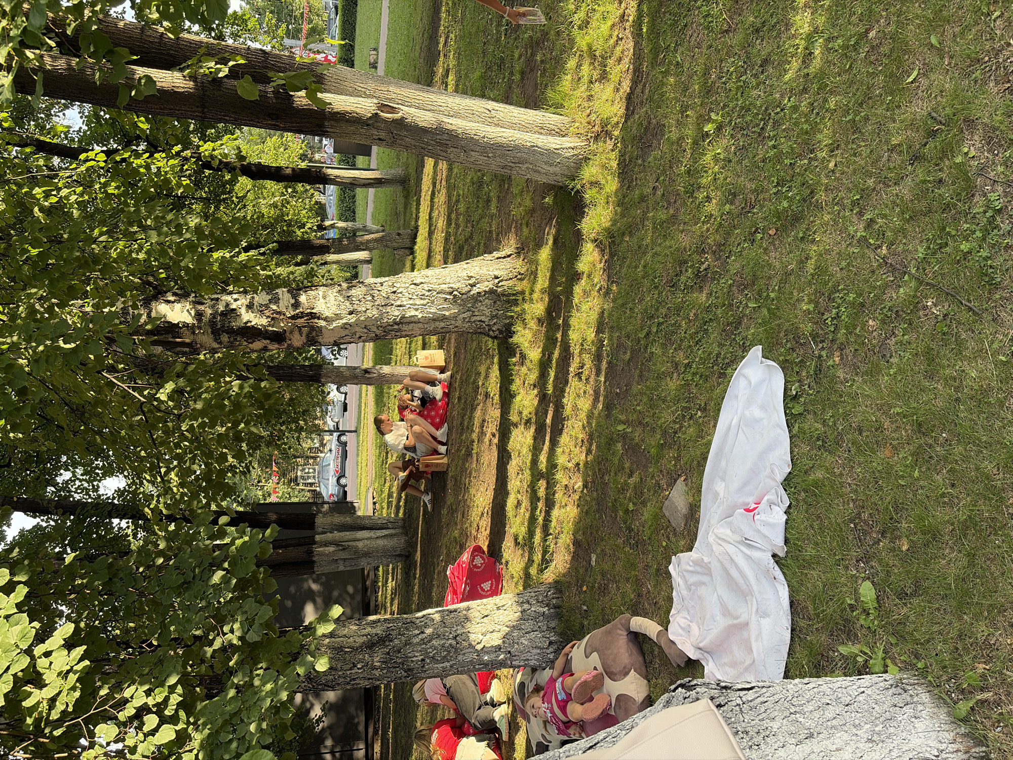 A group of people are picnicking under trees in a park in Leninsk-Kuznetsky, Russia. The image shows a young child lying on a large, cow-shaped pillow on the grass. To the left, two women in red shirts and another woman in a pink shirt are sitting on the ground with red bags nearby. Further back, under another tree, two individuals are sitting on a red blanket, with one holding a baby or child. A white sheet is spread out on the grass in the foreground. The trees are mature with dappled sunlight filtering through the leaves, creating shadows on the ground. In the background, cars are visible on a road adjacent to the park, and a building with a red element is present. The grass is green and well-maintained, indicating it is likely a public park.