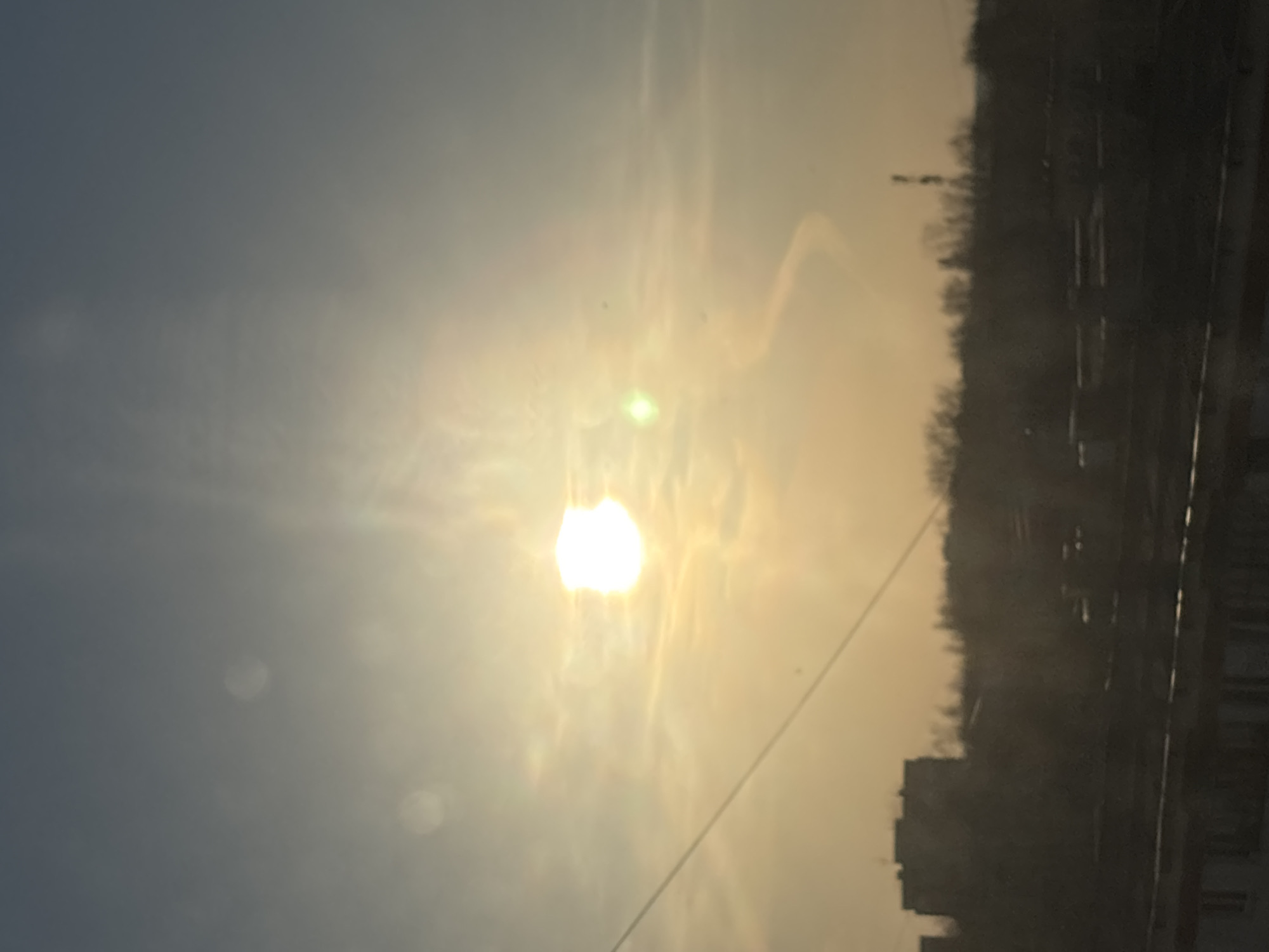 The image displays a sky scene with a prominent sun, captured with a 90-degree clockwise rotation. When viewed with the correct orientation (horizon at the bottom), the bright sun is positioned slightly to the left of the center, casting a warm, hazy glow across the sky. The sky transitions from a bright, almost golden yellow near the sun to a muted blue-grey in the upper left corner.
The sun itself appears intensely bright, with strong light rays emanating from it. It has an irregular shape, possibly due to lens flare or partial obstruction, appearing somewhat like a crescent or having a bite taken out of it from the bottom left. A distinct, bright green circular flare is visible near the sun, slightly above and to its right. Numerous other lens flares are scattered throughout the image, appearing as soft, circular, or irregular bright spots, particularly noticeable in the upper left quadrant of the sky. Wispy cloud formations or atmospheric haze are present, diffusing the sunlight and creating a soft, ethereal quality in the upper right and central sky.
Along the bottom edge of the image (when oriented correctly), a dark, silhouetted landscape is visible. This silhouette appears to be a mix of dense trees and possibly distant buildings or structures, forming a low, irregular horizon line against the bright sky. A thin, dark diagonal line, likely a utility wire or cable, stretches across the lower right portion of the image, passing in front of the sun and extending towards the bottom right corner.
The overall lighting suggests either sunrise or sunset, characterized by the low angle of the sun and the warm, golden hues dominating the scene. The weather appears hazy or slightly overcast, contributing to the diffused light and soft atmospheric effects. No specific activity or identifiable people are present. There is no visible text in the image.