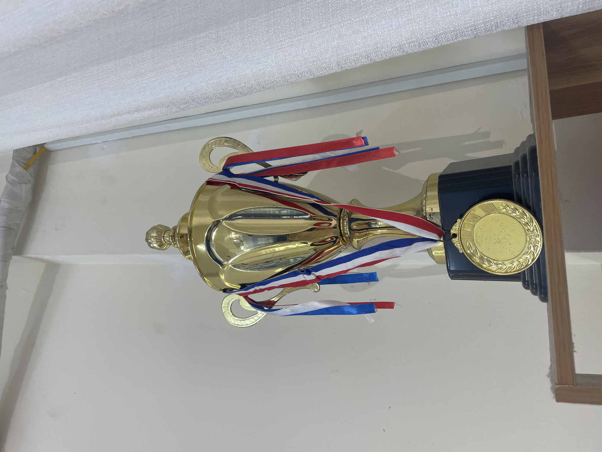 A gold trophy with red, white, and blue ribbons attached sits on a shelf against a white wall, possibly in a room, with a white curtain overhead. It may be located in Bac Nha Trang Ward, Vietnam.