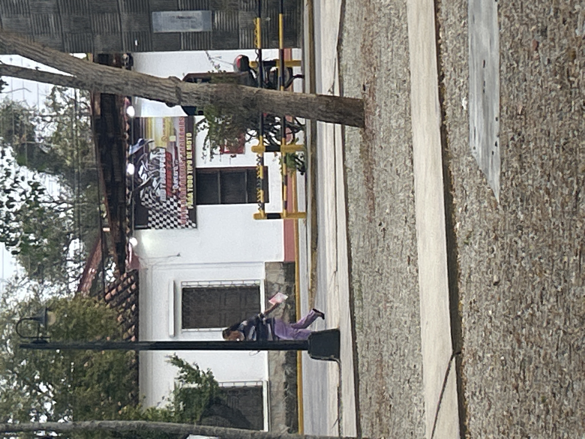 A woman in purple pants and a striped shirt walks across a sidewalk in front of a white building with red trim, a tiled roof, and a banner advertising motorcycles. A lamppost stands to her left, and a tree with a thick trunk is in the foreground to her right. A yellow and black striped barrier is visible behind her, and a motorcycle is parked behind the barrier. The area is paved with gray stones and concrete sidewalks. The scene appears to be in the city of Santa Ana, Venezuela.