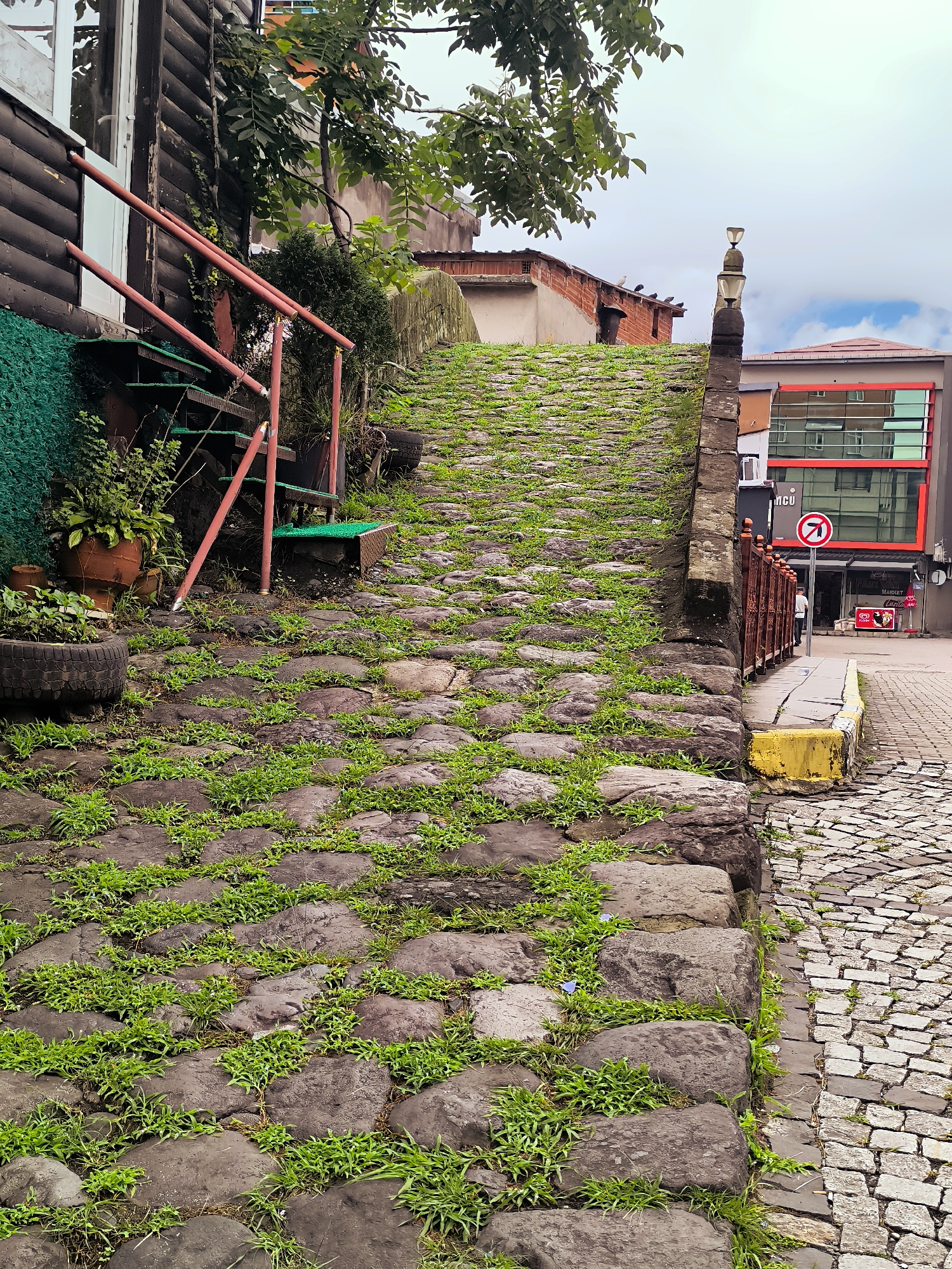 The image depicts a stone stairway in Makho, Georgia, overgrown with grass. The stairway is flanked by a wooden building on the left and a modern building with red accents on the right. A street paved with cobblestones runs alongside the stairway. The sky is overcast with some blue patches visible. Several birds are perched on the rooftop of a building in the background. A traffic sign indicating "no right turn" is visible on the right side of the image.