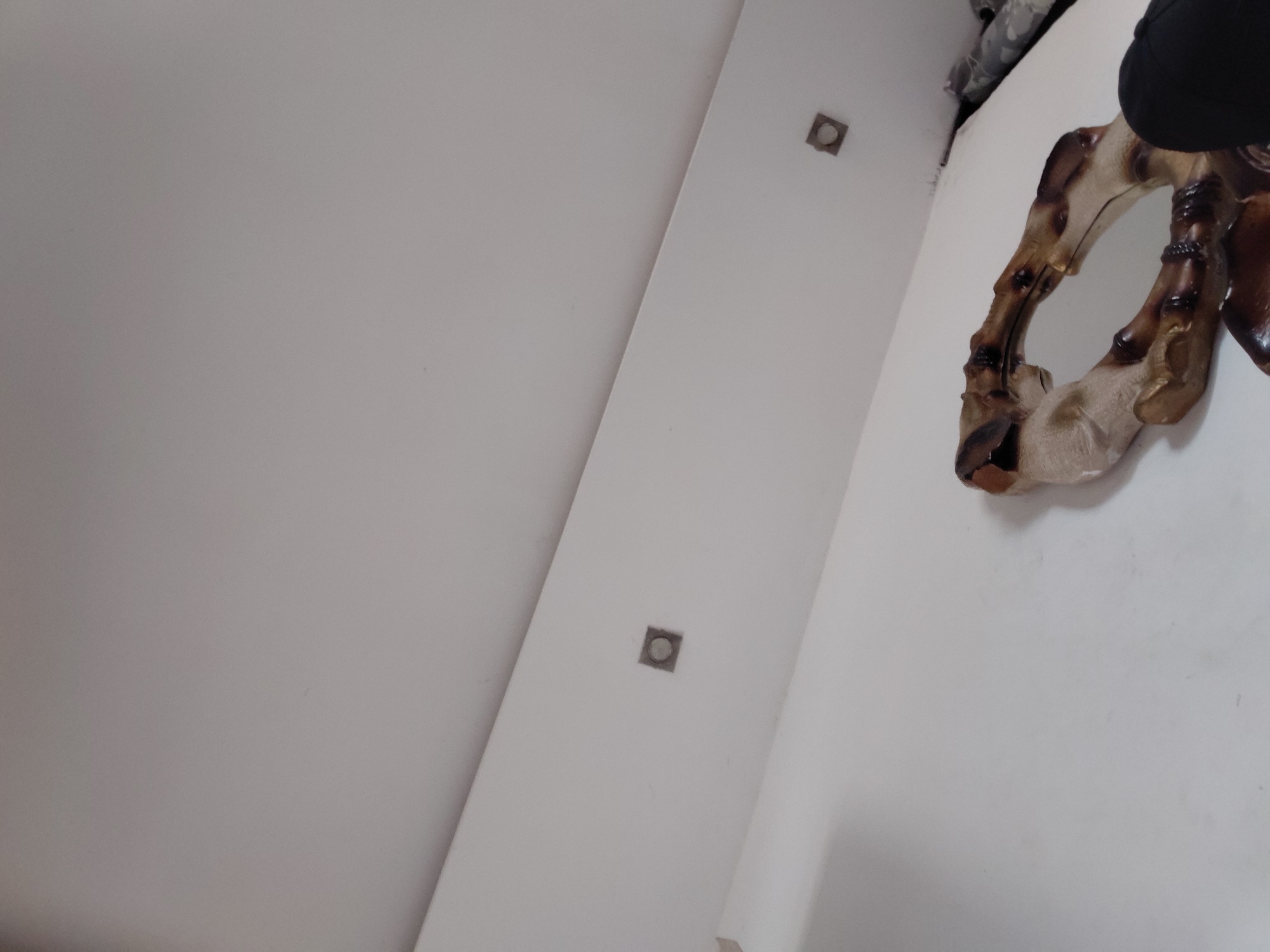 The image, taken in Santa Ana, Venezuela, captures an indoor scene from a low angle, looking upwards into a predominantly white space. A prominent architectural element, possibly a corner or ceiling feature, diagonally traverses the frame from bottom left to top right. This feature is fitted with two square, recessed light fixtures, one visible near the center and another towards the top right.
On the far right side of the image, a distinctive decorative object is partially visible. It appears to be a mirror with an intricately carved frame or a sculpture, featuring an organic, bone-like or hoof-like aesthetic. The object exhibits varied shades of brown, tan, and dark brown, with a somewhat glossy or weathered texture. Its curved form is prominent, suggesting a unique artistic piece.
Above and to the right of this decorative object, a black, cap-like item is partially visible, along with a hint of patterned, possibly grey or camouflage, fabric in the very top right corner. The rest of the scene consists of plain white walls or ceiling surfaces. There are no people present, and no specific activity or event is taking place. The time of day is indeterminate due to the indoor setting and artificial lighting. No text is visible in the image.