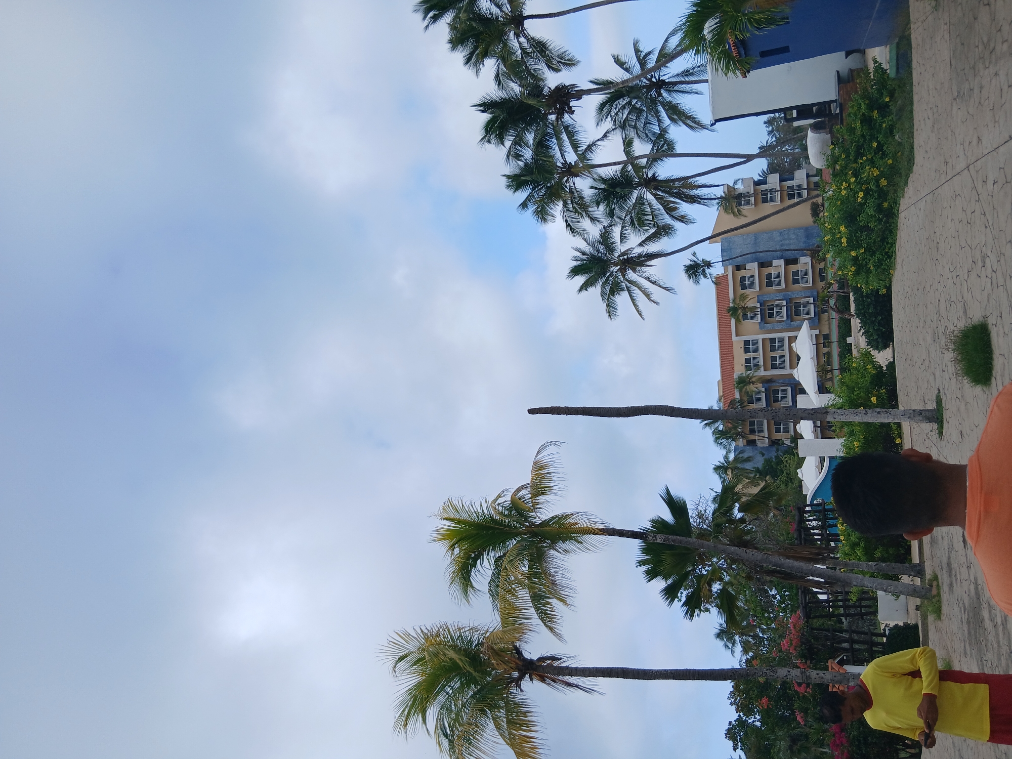 In Playa El Agua, Venezuela, this image captures a resort area with several buildings and numerous palm trees under a cloudy sky. In the foreground, two young men are visible. One, on the left, wears a yellow shirt and red shorts and is looking at his phone. The other, in the center-right, is seen from behind, wearing an orange shirt. The buildings are multi-story structures with balconies, painted in beige, blue, and white. Lush green vegetation and flowering plants surround the buildings and pathways. The ground is paved with interlocking stones. The scene suggests a tropical, possibly humid, environment typical of a coastal resort.