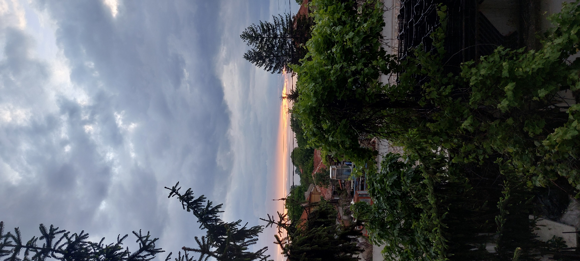 The image presents a landscape view, likely taken at dusk or dawn in the village of Yagodovo, Bulgaria. The sky is overcast with grey and blue clouds, displaying a gradient towards the horizon, tinged with orange and pink hues indicative of a sunset or sunrise. Dominating the foreground and the right side of the frame are various green trees and foliage, partially obscuring the view. Through the gaps in the foliage, one can discern residential buildings with red-tiled roofs typical of the region. A vehicle, potentially a truck or tractor, is visible amidst the houses. Power lines run across the scene, silhouetted against the colorful horizon. On the left, coniferous tree branches further frame the view. The overall impression is that of a rural or suburban setting observed from an elevated vantage point.