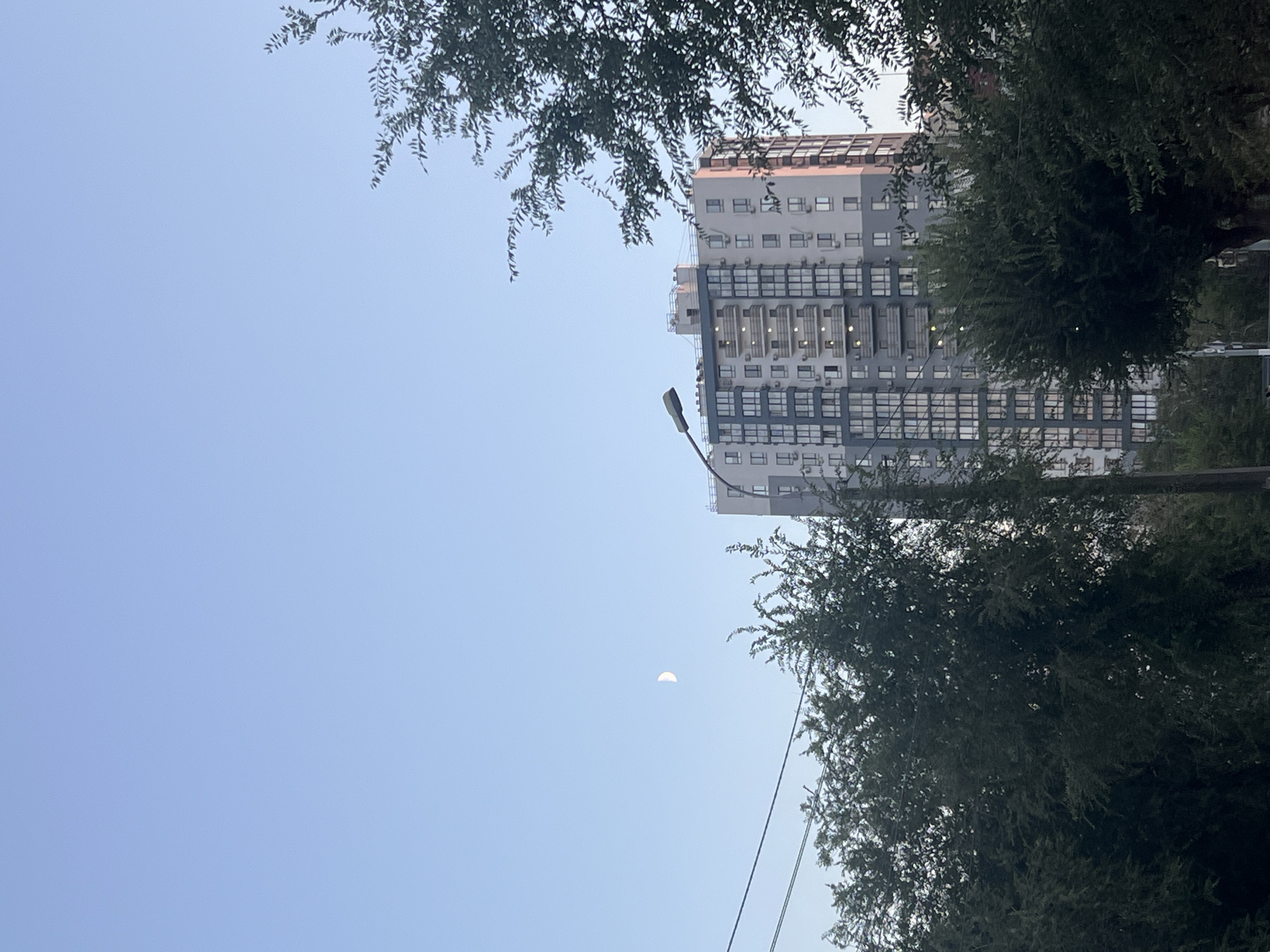 A daytime, outdoor, vertical, medium-shot photograph captures a modern, high-rise apartment building in Volgograd, Russia. The building is light gray and white with dark gray window frames and balconies. A single street lamp with a dark gray fixture is positioned to the left of the building. Lush green trees, some with bare branches, frame the lower portion of the building and extend into the right side of the frame. The sky is clear and light blue. A sliver of the crescent moon is visible in the upper left quadrant of the sky. Electrical wires are strung across the sky in the upper left corner. The image is devoid of people or animals.