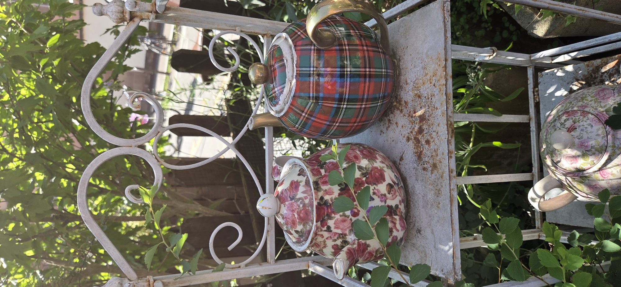 This image shows two decorative teapots on a weathered white metal shelf unit. The shelf unit is positioned outdoors, with lush green foliage surrounding it, suggesting a garden setting. The teapots themselves are ornamental rather than functional, with one featuring a floral pattern of pink and red roses, and the other displaying a classic tartan plaid design in red, green, and blue. Sunlight filters through the leaves, casting dappled shadows. The background is blurred, showing hints of a fence and possibly a street or path, but the location of Strasbourg, France, is not visually evident from the image itself.