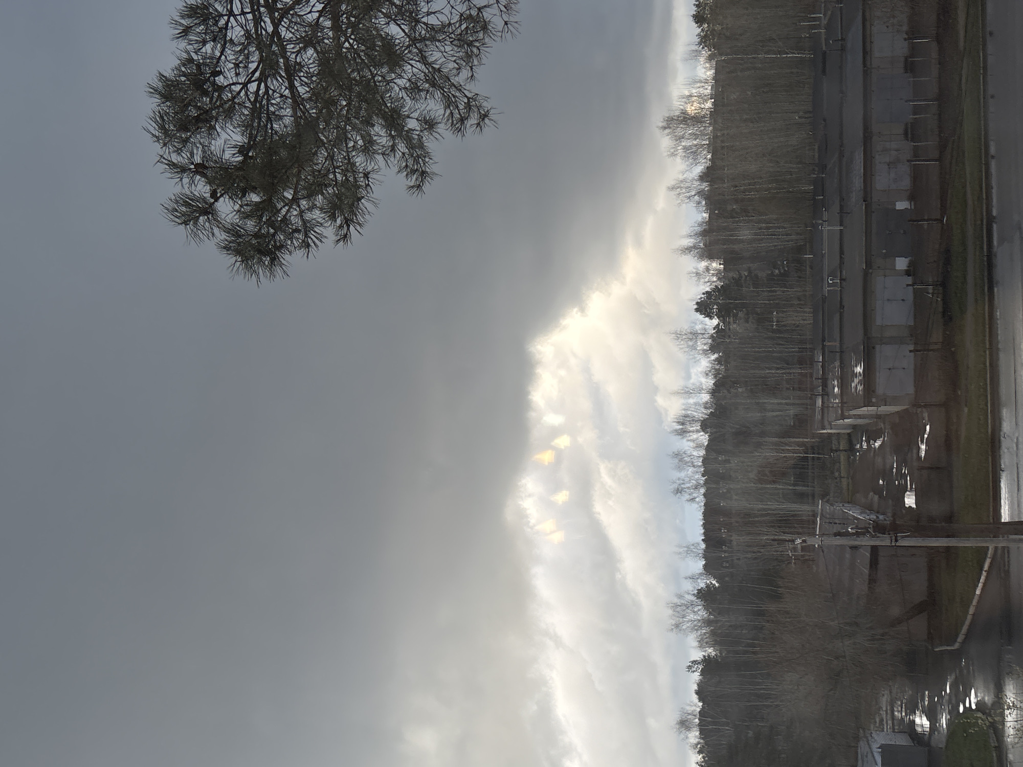 The image presents a view in what appears to be Chaikovsky, Russia, indicated by the presence of characteristic Russian urban landscape elements, including standardized concrete garages. The sky occupies a large portion of the frame, transitioning from a dark, overcast tone on the left to brighter, sunlit clouds towards the center and right. A coniferous tree branch is visible in the upper left corner of the frame. The ground area reveals a row of concrete garages, some appearing to be in disrepair with visible puddles suggesting recent rain. A line of bare trees separates the garages from the brighter area of the sky. Utility poles are visible along the side of the road in the foreground. The overall scene suggests a late autumn or early winter day with gloomy weather.