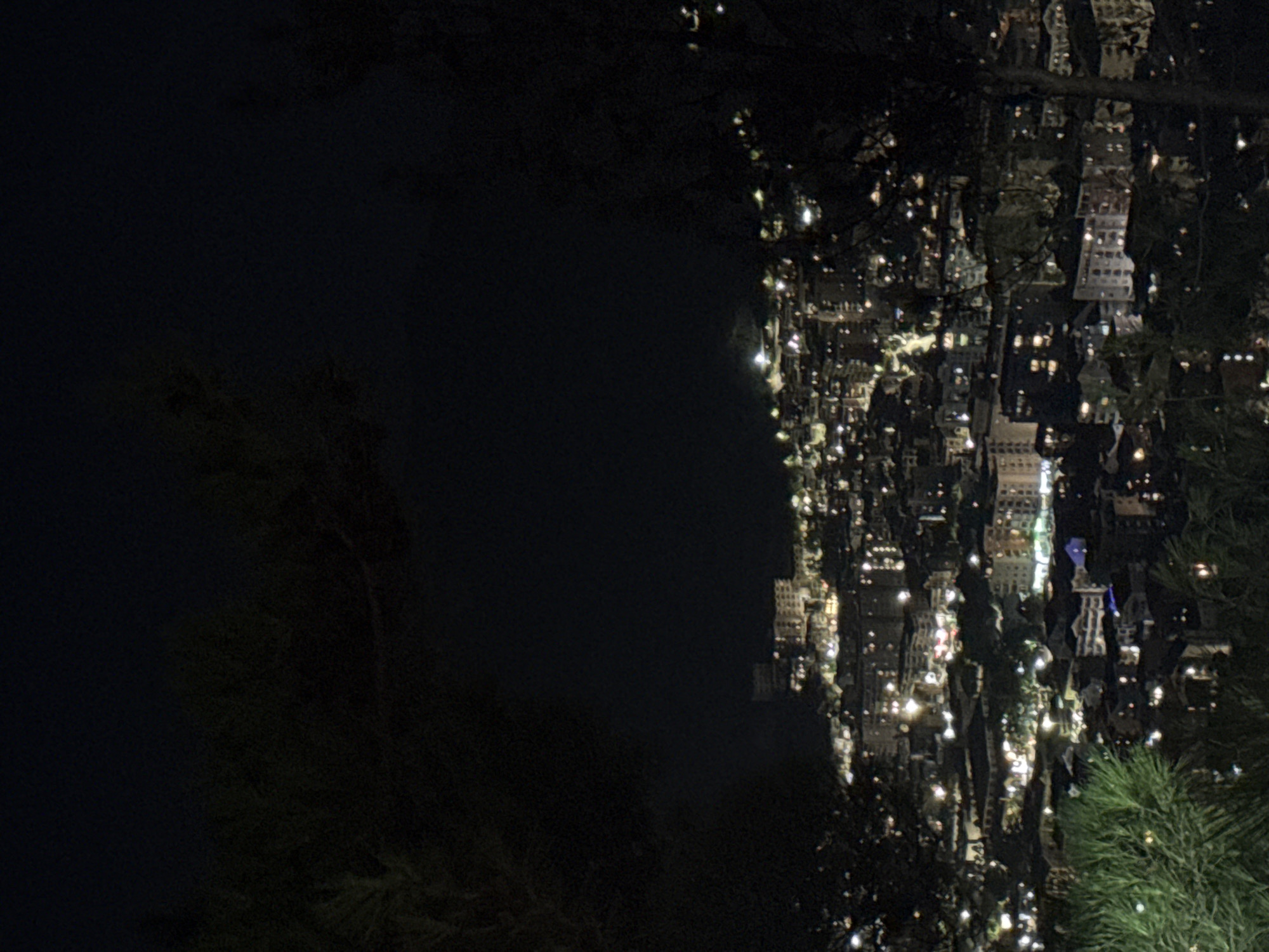 The image captures a nighttime view of a settlement with illuminated buildings, likely a town or village, nestled amidst dark foliage. The lights from the buildings create a warm, scattered glow against the blackness of the night. The perspective suggests the viewer is looking down from a higher vantage point, possibly overlooking the settlement from a hillside or a treetop. A portion of a dark green, coniferous tree with textured needles is visible in the foreground on the right side of the image, adding a natural element to the scene. The overall impression is one of a serene and possibly remote location, observed at night. The activity depicted is simply the passive observation of a lit-up settlement under the cover of darkness. No specific people or objects are discernible beyond the general structures and lights of the settlement and the foreground tree. The time of day is clearly night. There are no indications of weather conditions or specific emotions conveyed. No visible text is present in the image. The location context provided is Košljun, Montenegro.
