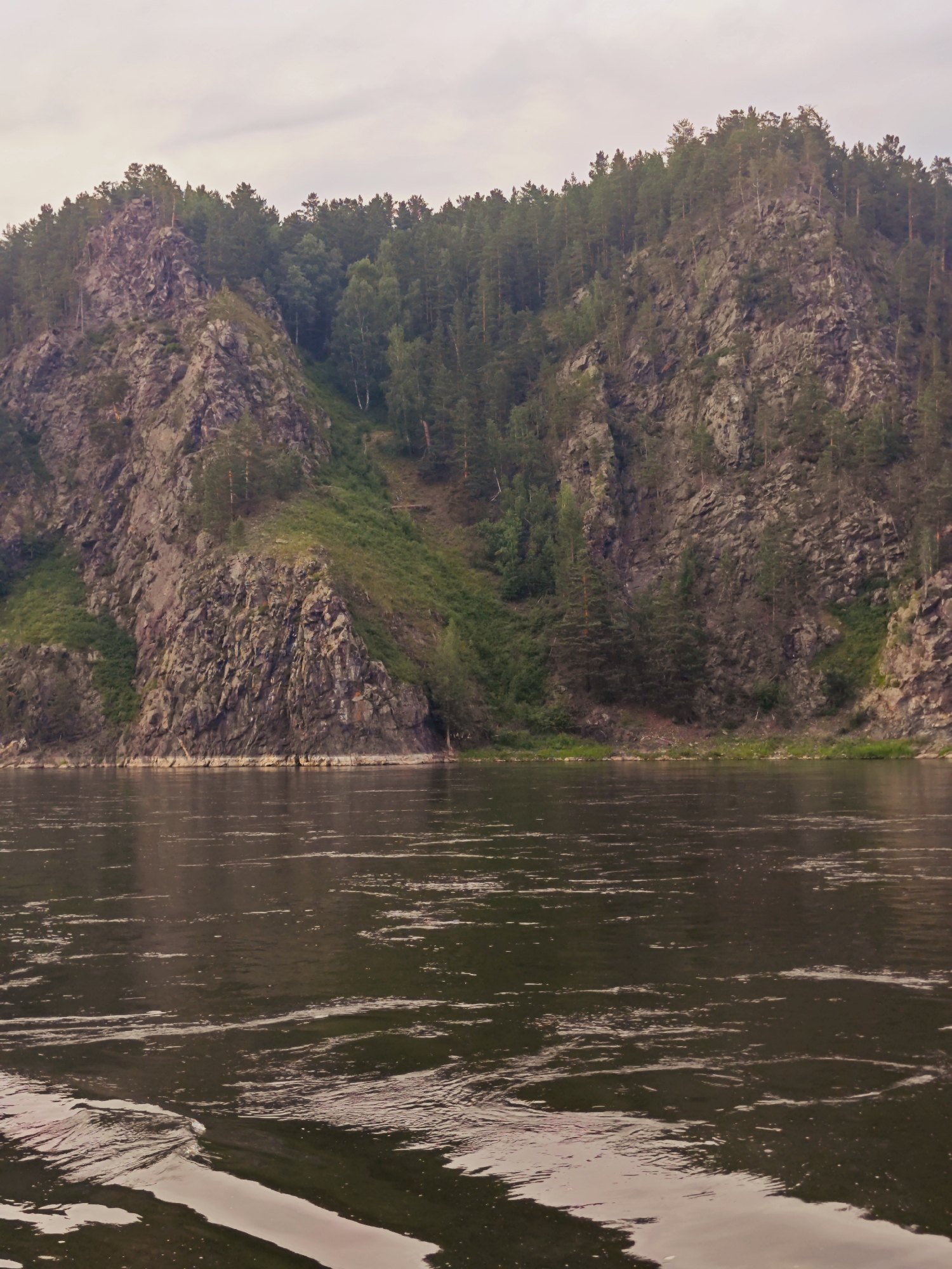 The image shows a wide, dark river flowing in the foreground, with visible ripples and reflections on its surface. In the background, a steep, rocky cliff face rises, covered in lush green vegetation and scattered pine trees. The cliff is a dominant feature, with rough textures and varied shades of gray and brown rock. The trees are dense and create a dark green canopy, particularly at the top of the cliff. The sky above is overcast with a light, muted gray hue, suggesting a cloudy or misty atmosphere. The overall scene depicts a natural, wild landscape, characteristic of a remote, forested river valley. The location is identified as Beregovaya-Podemnaya, Russia, implying a natural setting within this region. There are no people, animals, or man-made structures visible in the image. The focus is entirely on the natural environment.