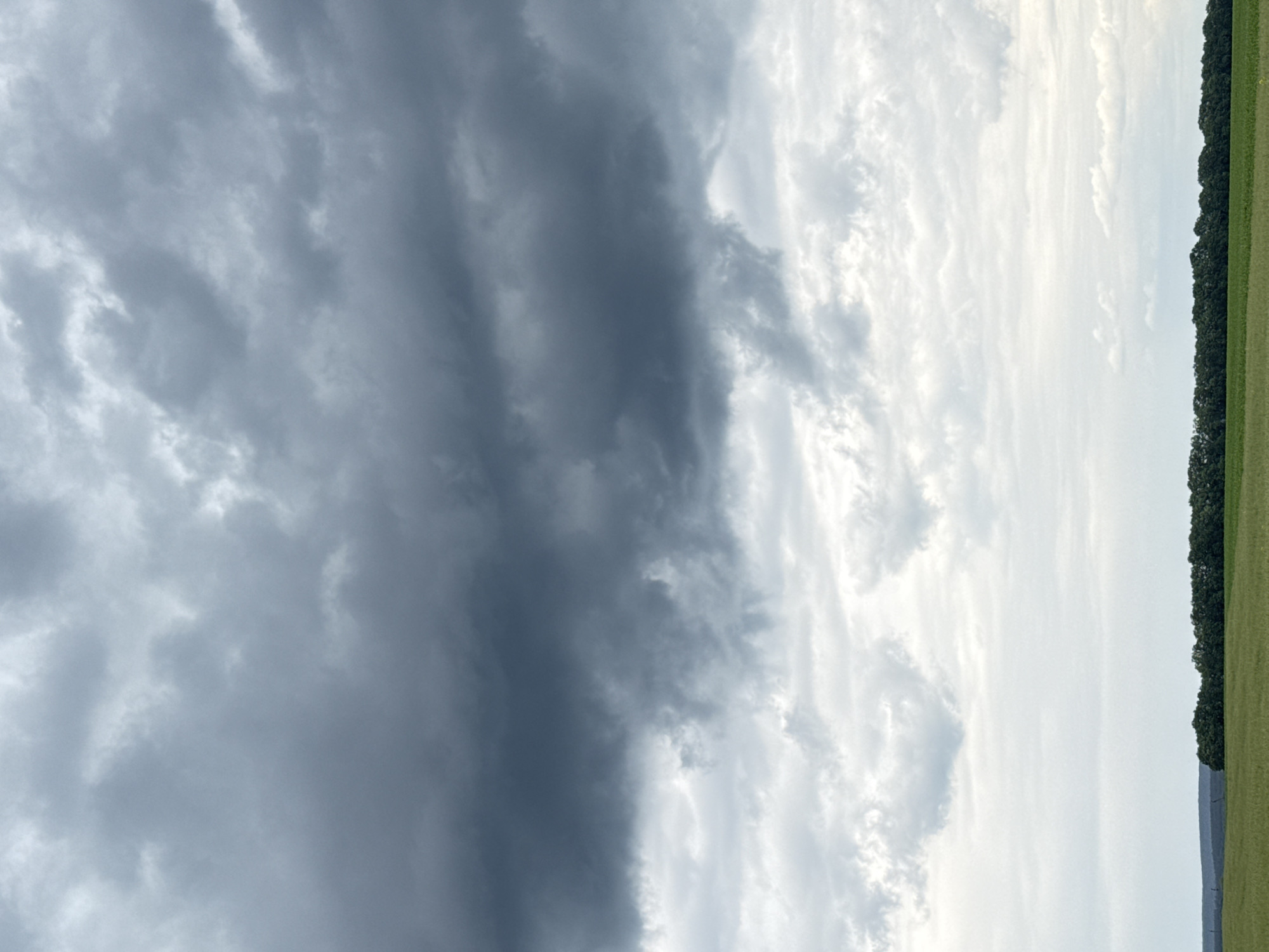 The image presents a panoramic landscape depicting a rural expanse under a dynamic sky, located in Zanky, Ukraine. The sky, which occupies the majority of the frame, exhibits a dramatic contrast. The left side is dominated by dense, dark grey clouds, heavy and textured, suggesting an approaching storm or post-storm conditions. Towards the right, the cloud cover transitions sharply into lighter, more scattered white and pale grey formations, allowing brighter ambient light to filter through.
Below the distinct horizon line, the terrestrial features are visible. A thick, dark green band of trees, likely a forest edge, stretches horizontally across the left side of the lower portion of the image. Adjacent to the trees and extending to the right is a vibrant green field, suggesting agricultural use or pastureland. The overall lighting is diffused but indicates daytime, possibly late afternoon, given the intensity and varying brightness of the cloud formations. No people, animals, significant man-made structures, or visible text are present. The photograph captures a moment of natural grandeur, highlighting the vastness of the sky and the changing atmospheric conditions over the landscape.