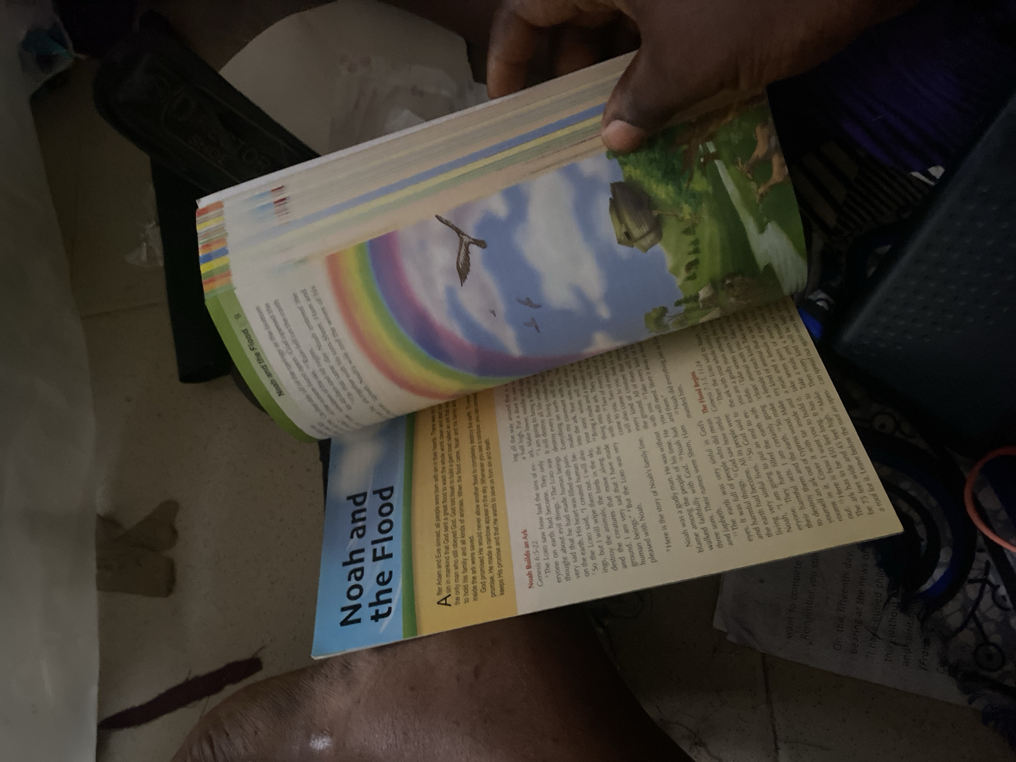 The image shows a person holding an open book titled "Noah and the Flood." The book is open to a page with text and an illustration of a rainbow, a bird, and a large wooden boat. The book's pages are colorful, and the text appears to be from a religious or storybook context, possibly the Bible, given the title. The background is dark and somewhat out of focus, suggesting it might be indoors or in low light conditions. There is a glimpse of a person's hand holding the book, and part of a leg or arm is visible on the left side of the image. No information about Jauro Yinu, Nigeria, is present in the image.