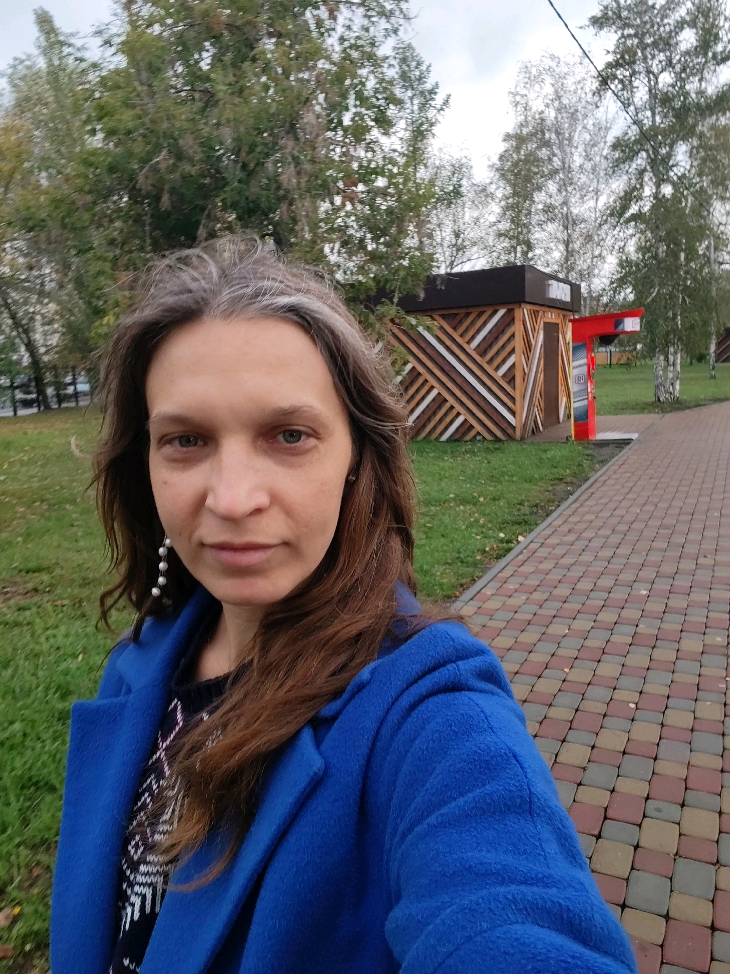 A medium-shot, selfie-style photograph captures a woman with long, brown hair and some gray streaks, facing the camera. She is wearing a bright blue coat over a black and white patterned sweater. Her left earlobe dangles a pearl earring. The background depicts an outdoor scene with a paved walkway made of reddish, tan, and gray square bricks. To the right of the walkway is a grassy area with fallen leaves, and beyond that, a small, stylized wooden structure with a dark roof. Further in the background, trees with sparse foliage and a red, arch-like structure with signage are visible, suggesting an urban park or public space. The sky is overcast. The overall impression is a candid outdoor portrait.