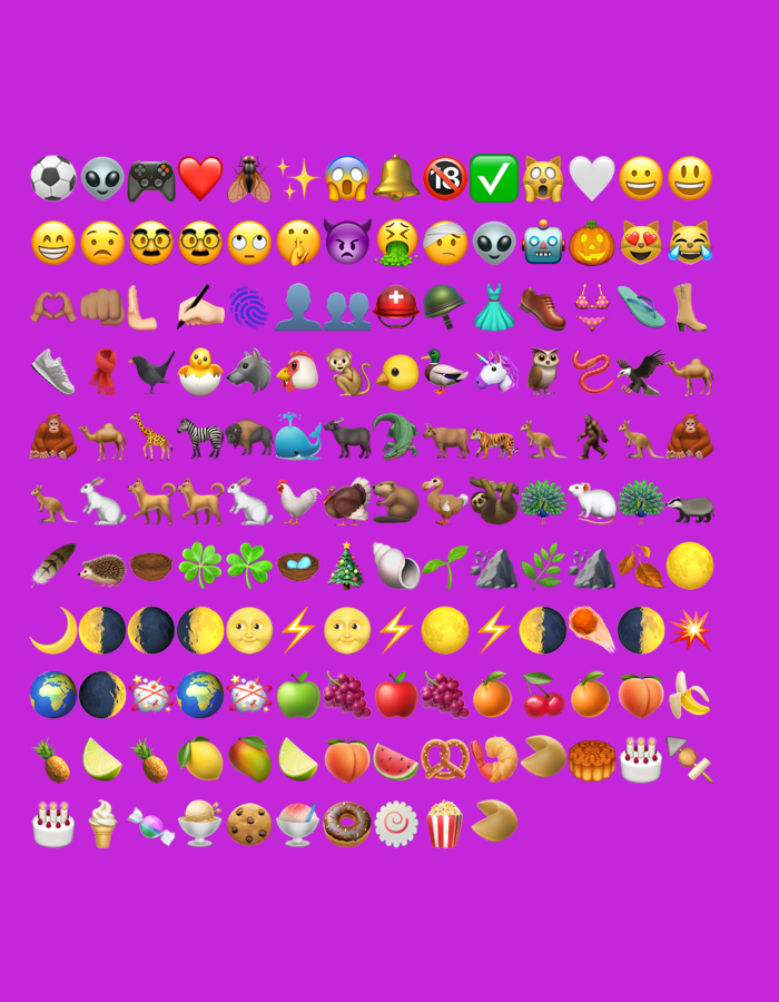 The image displays a grid of emojis against a solid purple background. The emojis depict a variety of subjects including people, animals, objects, and food items. There are no specific activities or events taking place, as the image is a static compilation of individual icons.
Notable details include different facial expressions ranging from joy to anger, various animal species like a monkey, horse, and tiger, and a selection of fruits and desserts. The time of day, weather, and location cues are not discernible as the emojis are abstract representations. There is no visible text in the image. The location context of Zaokskiy, Russia, does not appear to influence the content of the emojis presented.
