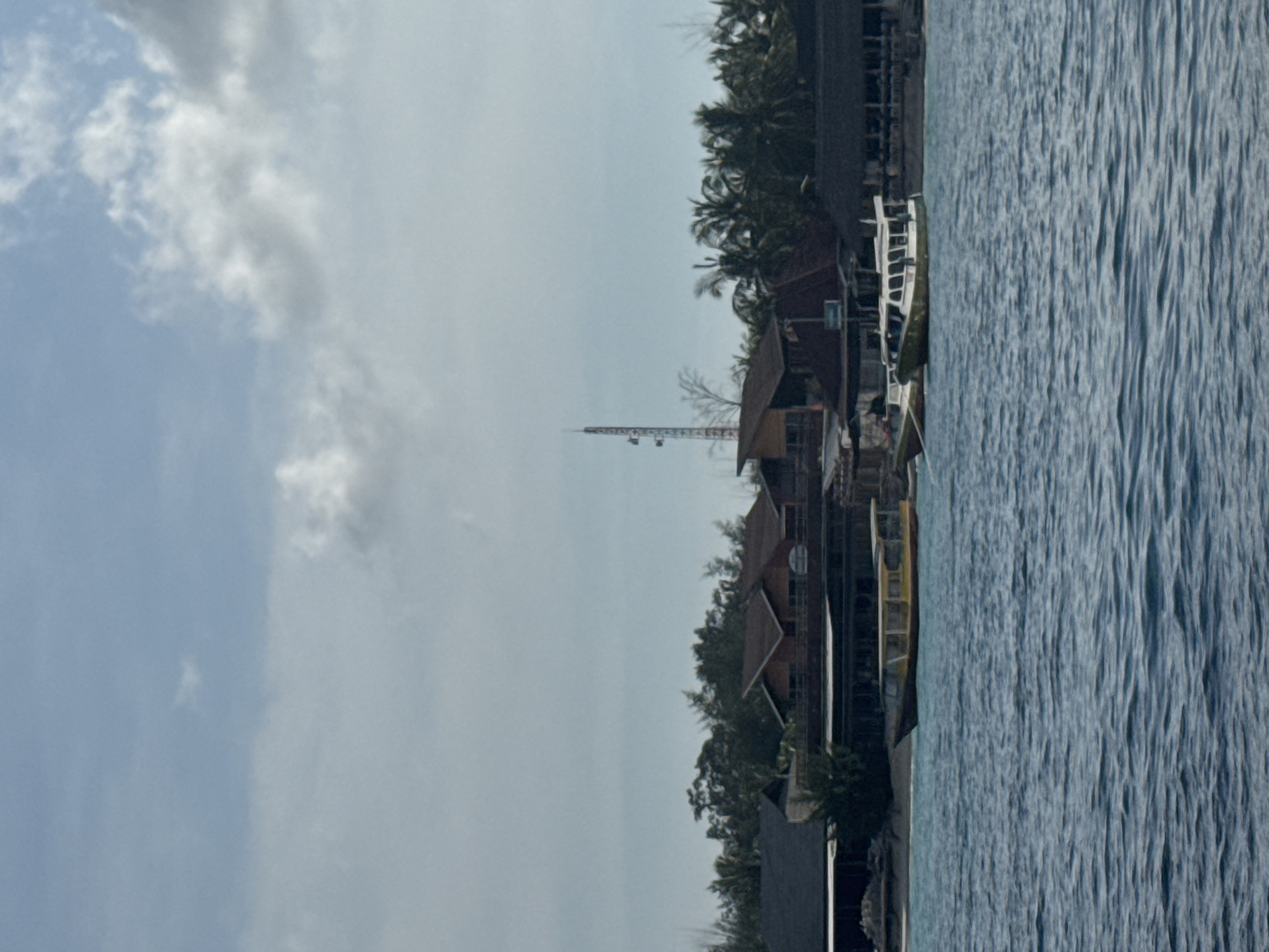 The image captures a coastal or lakeside scene under a partly cloudy daytime sky. In the foreground, a vast expanse of blue water with ripples dominates the right side of the frame. The water appears calm, suggesting either a sheltered body of water or a day with minimal wind.
Along the shoreline, which runs across the left and middle of the image, there is a settlement with several buildings nestled among abundant green foliage, including numerous palm trees characteristic of a tropical environment. The buildings generally feature reddish-brown roofs and appear to be made of wood or similar materials, some possibly built on stilts or very close to the water's edge.
At least two boats are moored near the shore. One is a slender, white boat with a covered section, likely for passengers or cargo. Another boat, partially visible further to the left, has a distinct yellow hull.
A prominent feature in the midground is a tall, slender lattice tower, possibly a communication or observation tower, rising above the buildings and trees into the sky. The sky itself shows a mix of light blue and scattered white and grey clouds.
No people are distinctly visible, and there is no discernible specific activity taking place other than the general presence of a settled area by the water. The time of day is clearly daytime, with ample natural light. There is no clearly legible text visible on any signs, boats, or structures. The scene evokes a tranquil, possibly remote, tropical setting.