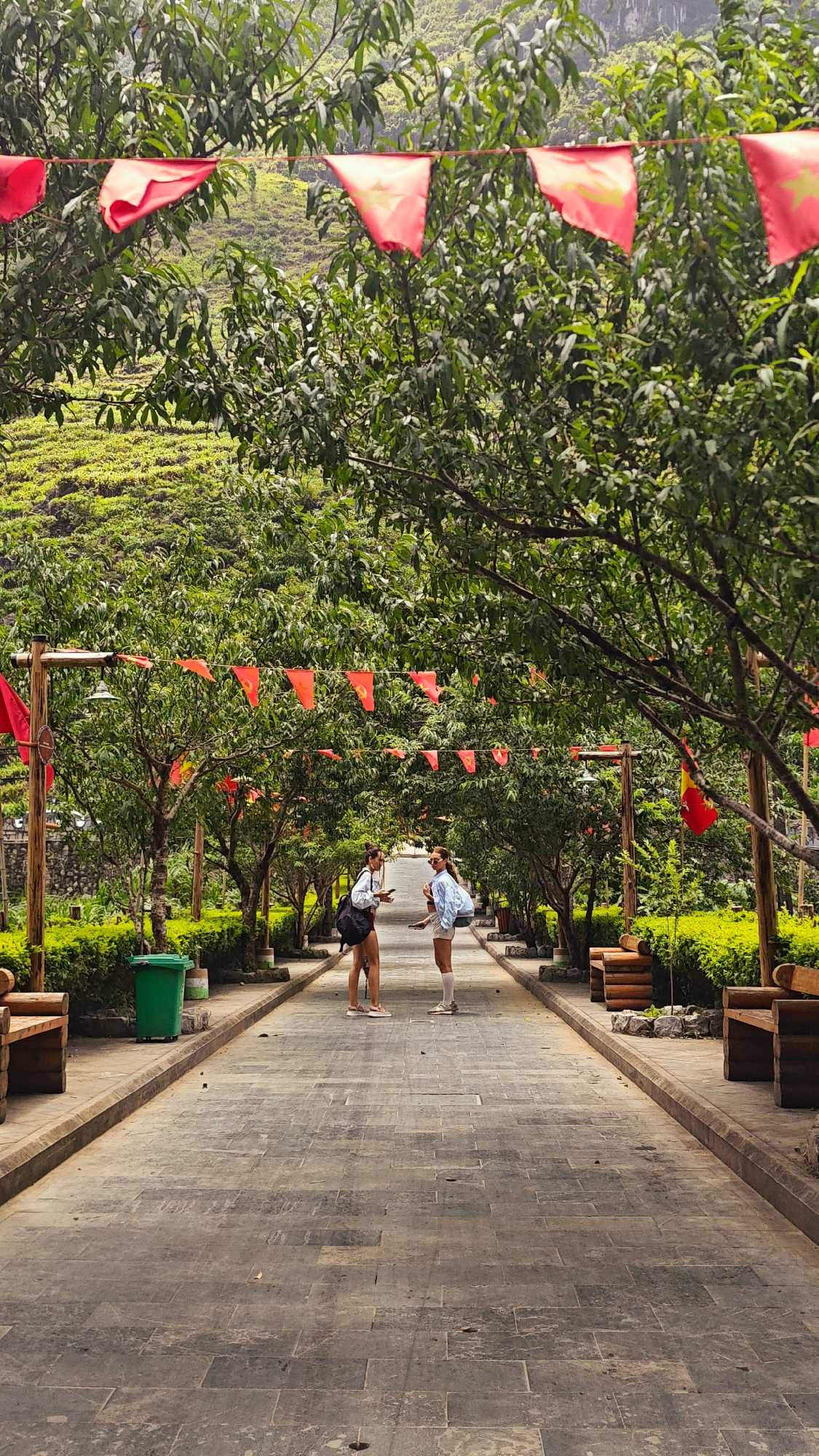The image shows a long, straight, paved path lined with trees and decorated with strings of red flags with a yellow star. The path is flanked by manicured hedges and wooden benches. Two young women stand in the middle of the path, seemingly conversing. One wears a white shirt and black shorts and carries a backpack, the other wears a light blue top and white shorts, and white socks. The background reveals a terraced landscape covered in greenery. The image was taken in Mèo Vạc Commune, Vietnam.