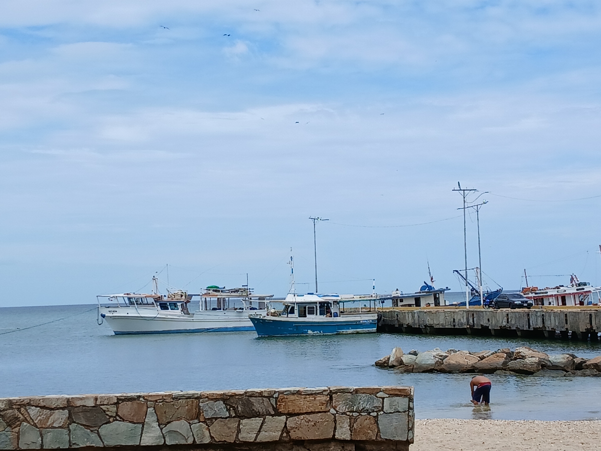 The image depicts a coastal scene in Juan Griego, Venezuela, featuring several boats docked near a pier. The water is calm, with visible reflections. A stone wall is visible in the foreground and a man is standing in the water. In the background, utility poles are visible against a cloudy sky.