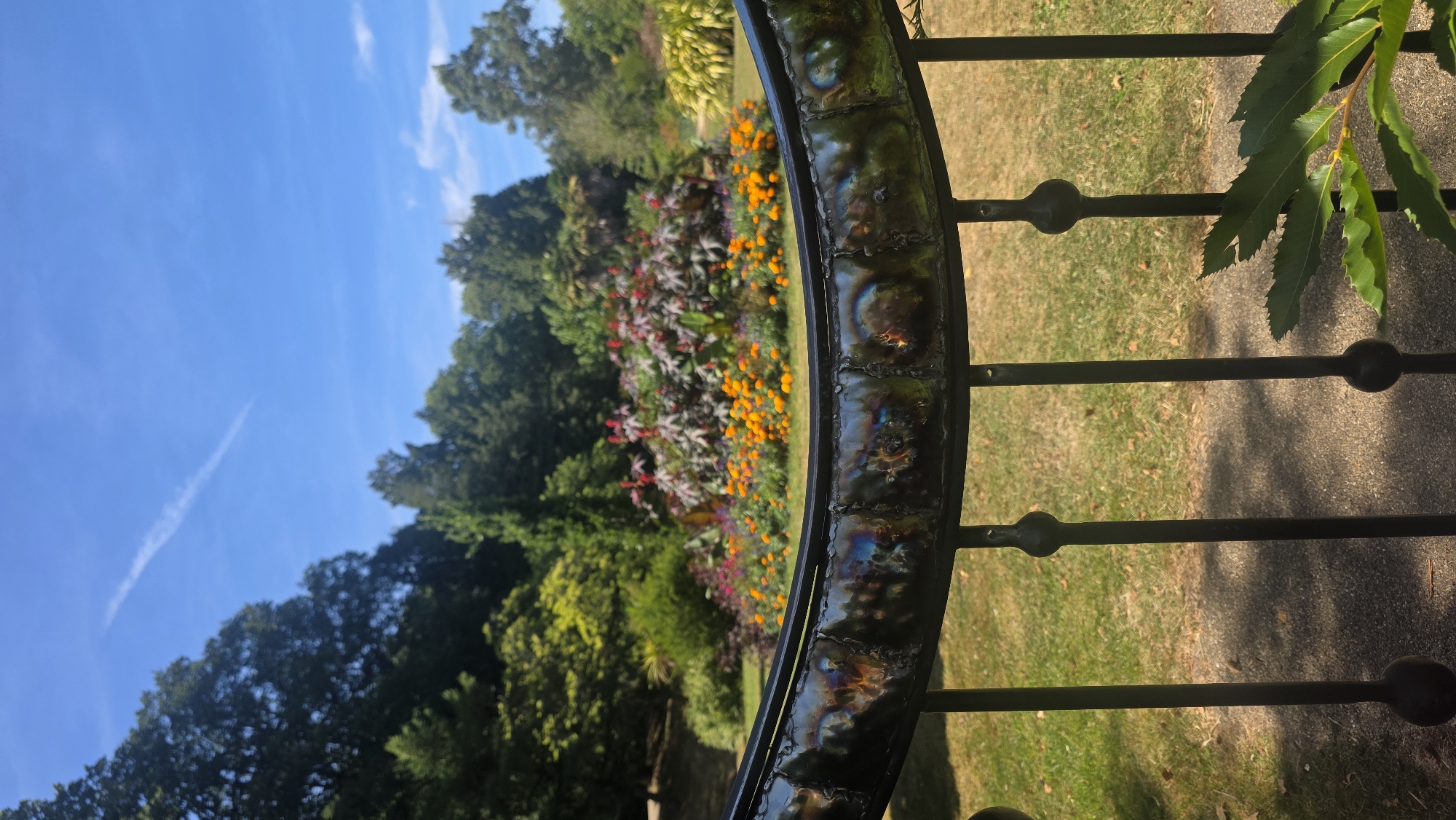 A sunny day with a clear blue sky over a lush park. In the foreground, a decorative black metal railing with a curved top and circular accents obstructs the view. Behind the railing, a vibrant flowerbed bursts with orange marigolds and darker red and purple foliage. Mature trees form a dense green backdrop, with sunlight dappling the grassy ground. The scene suggests a public park in St Leonards, United Kingdom, likely during the summer months.