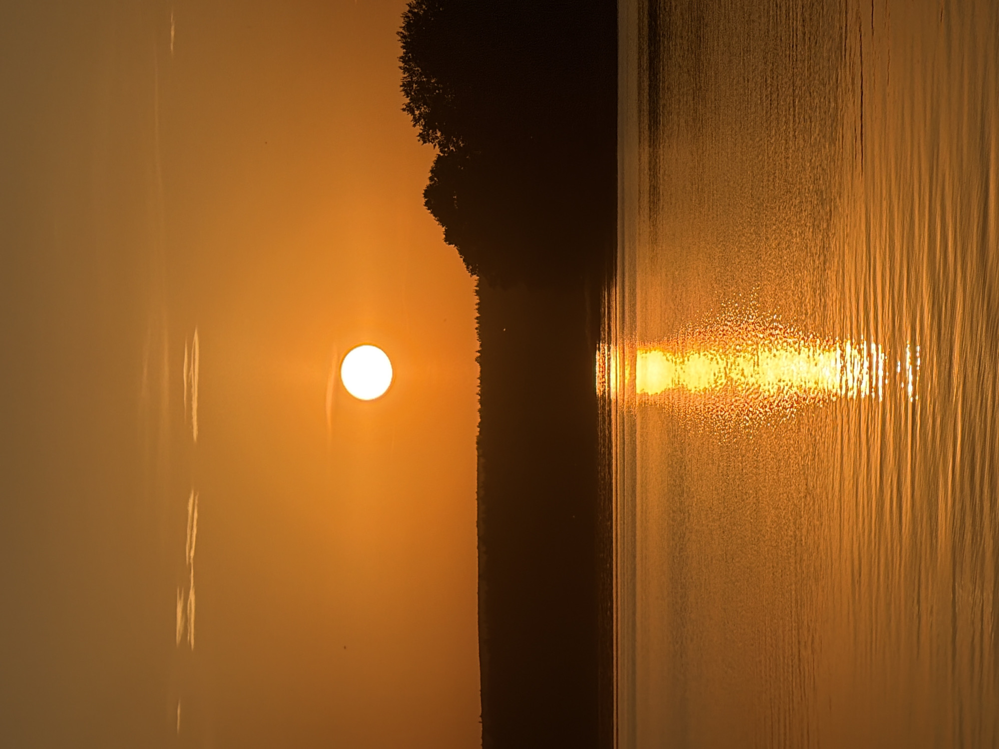 The image shows a sunrise or sunset over a body of water, likely a river or lake. The sun is a bright orb in the left side of the frame, with its light reflecting on the water's surface on the right. A dark treeline or bank of vegetation separates the sun from the water. The overall color palette is dominated by warm tones of orange and yellow. Without additional information, it is impossible to confirm the specific location in Votkinsk, Russia, as the image only shows natural elements and lacks any recognizable landmarks.