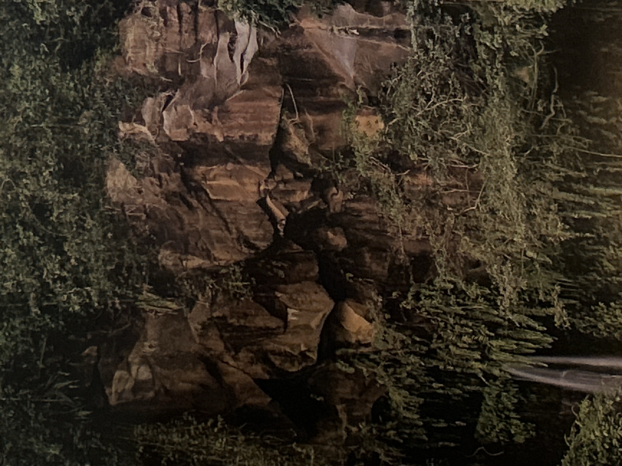 The image shows a close-up of a rock formation covered in moss and vegetation. The rocks are layered and have a reddish-brown color. The lighting is dim, creating shadows and obscuring details. The location is likely a natural area near Plovdiv, Bulgaria, as the city is known for its rock formations and natural landscapes.