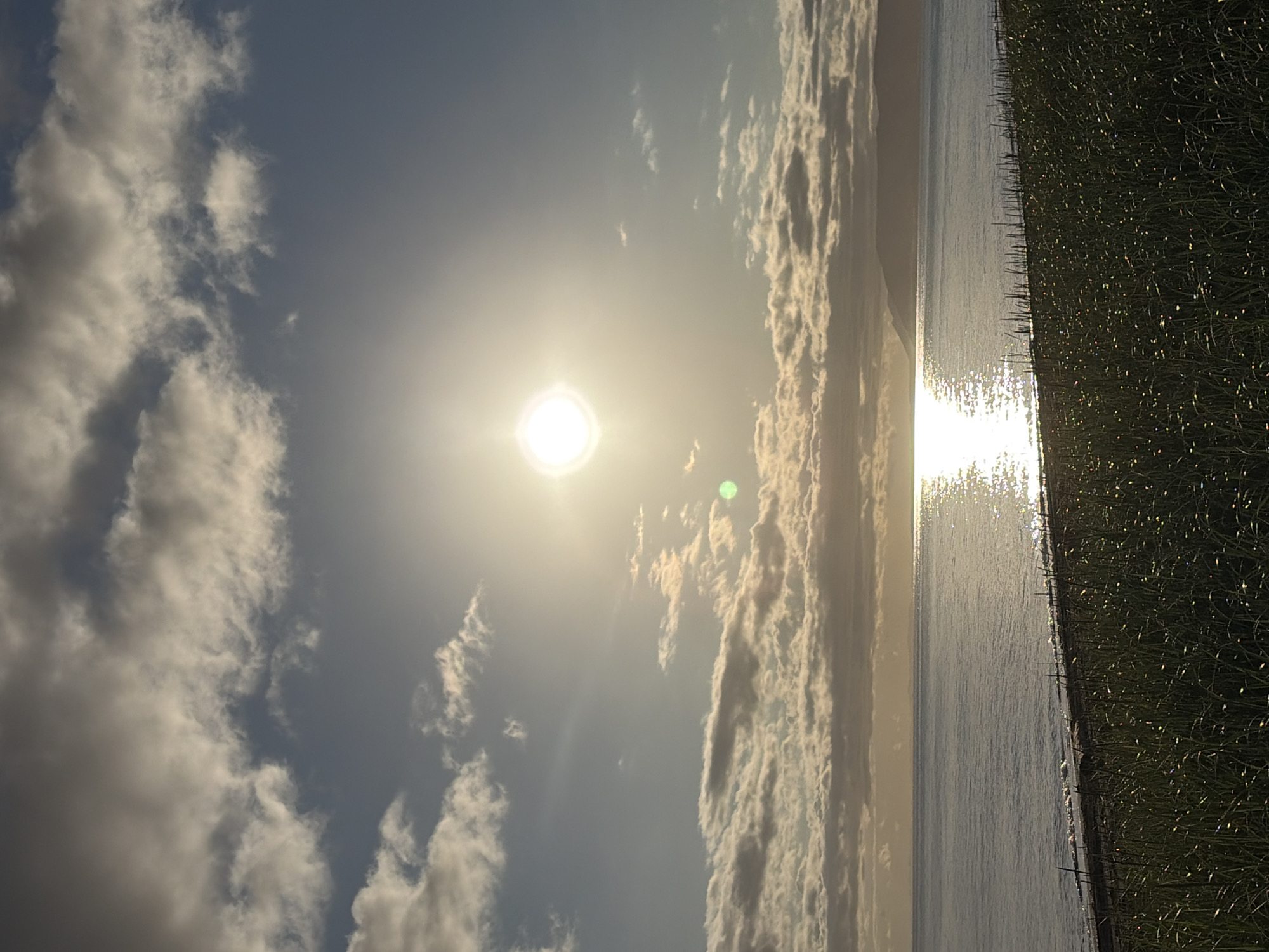 The image shows a coastal scene with a bright sun in a partly cloudy sky. The sun is positioned in the upper center of the frame, casting a strong reflection on the calm water. In the foreground, there is a grassy area with tall reeds or grass. The middle ground consists of the ocean, with a faint shoreline visible in the distance, leading to a darkened landmass that appears to be a mountain range. The sky is a mix of blue and gray clouds, with the sun's rays piercing through. The overall lighting suggests it is either sunrise or sunset. There are no people or animals visible in the image. The location is not specified within the image itself, and there is no visual information to connect it to Ozerskoe, Russia.