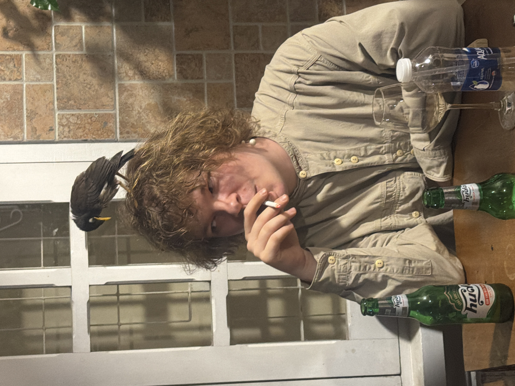 A medium shot of a person with curly hair smoking a cigarette. The person is wearing a light brown button-down shirt. A bird is perched on their head. There are two bottles of Huda beer on the table, an empty wine glass, and a partially filled water bottle. The background includes a tiled wall and a white-framed window. The scene is most likely in Đà Nẵng, Vietnam, given the Huda beer, a popular local brand.