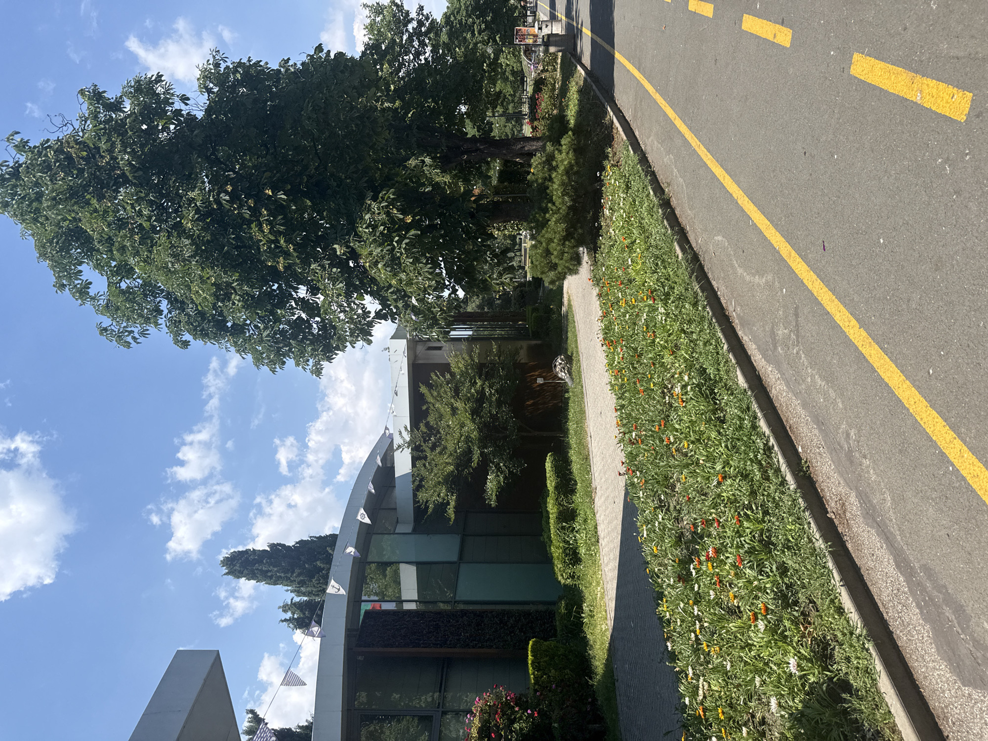 The image shows a street next to a building with a curved facade. The building has large windows and is decorated with small triangular flags. To the right of the building, there is a sidewalk and a flower bed with small colorful flowers. Beyond the flower bed is a paved road with yellow lines. Large trees with green foliage are visible in the background, casting shadows. The sky is blue with white clouds. The overall impression is a sunny day in an urban or park-like setting. There is no visible text in the image. The flags on the building suggest a festive or decorative element. The scene appears calm and serene. The time of day seems to be daytime, given the bright sunlight and shadows. The location is identified as Burgas, Bulgaria.
