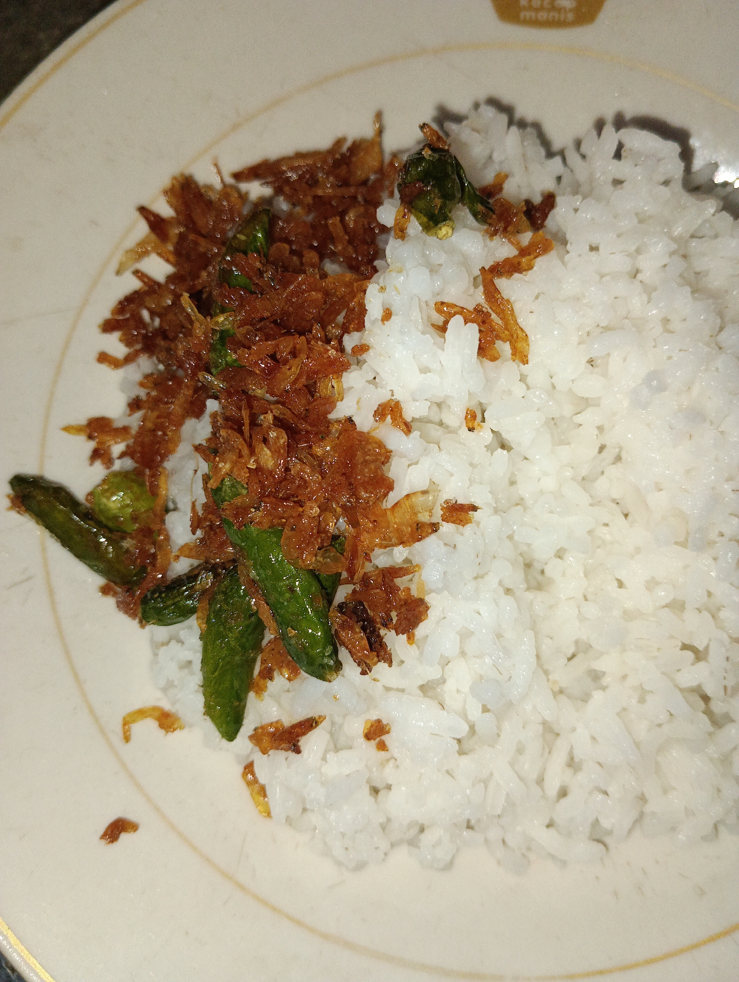 A close-up, top-down view of a plate of white rice, topped with fried anchovies and small green chilies. The food is arranged on a cream-colored, circular plate with a thin gold rim. The plate is situated on a dark, textured surface, possibly a table. The lighting is dim, suggesting the photograph was taken indoors, likely in a residential setting or a small eatery, such as one found in Pematang Jaya, Indonesia. There are no people or other objects visible in the frame. The overall impression is one of a simple, home-cooked meal.