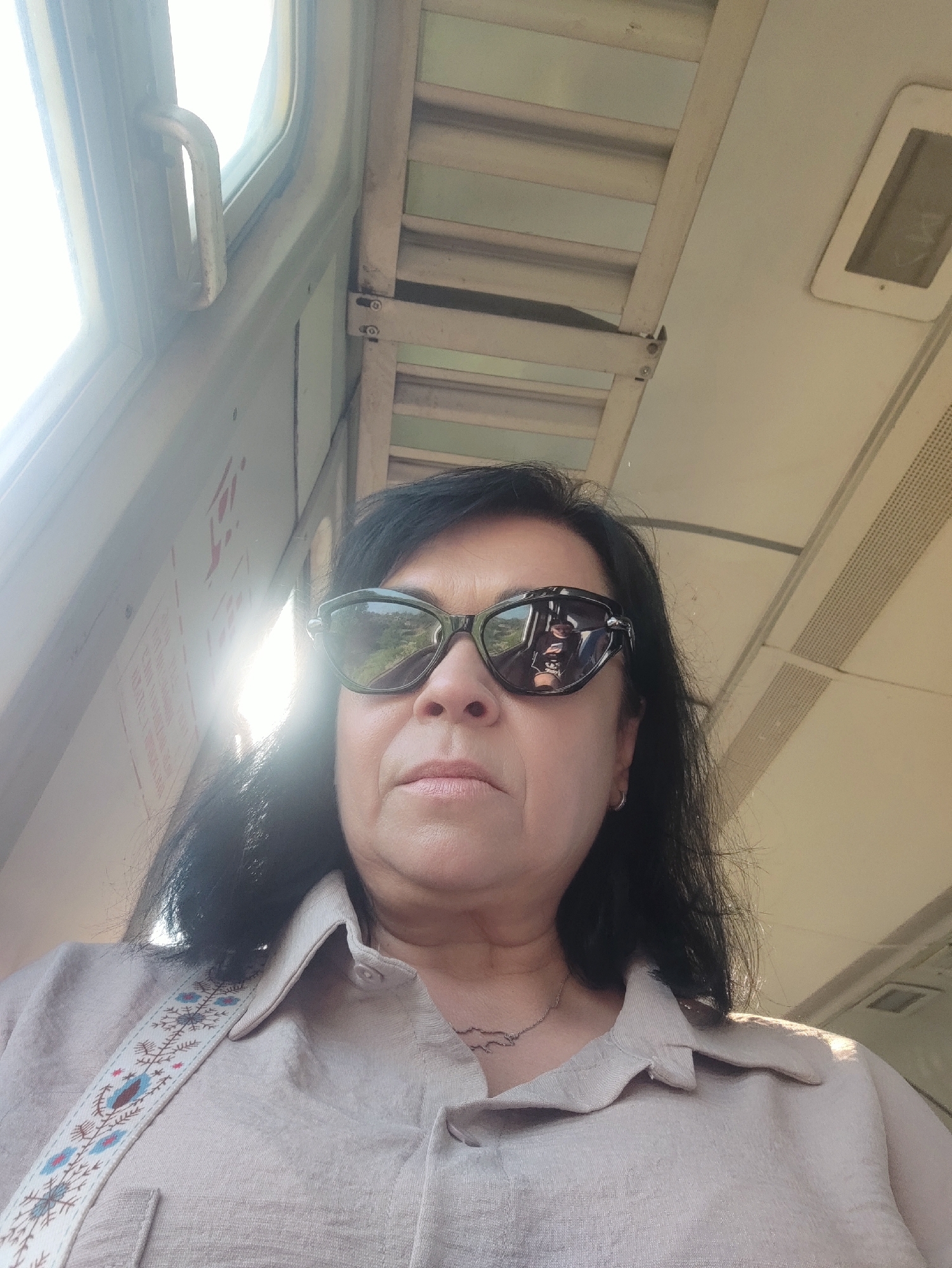 A woman with dark hair and sunglasses is taking a selfie on a train. She is wearing a light brown collared shirt with an embroidered strap across her chest. The train interior is visible in the background, with a window on the left side and a light fixture on the ceiling. The sun is shining brightly through the window, casting a glare on the image. The reflection in her sunglasses shows another person on the train.