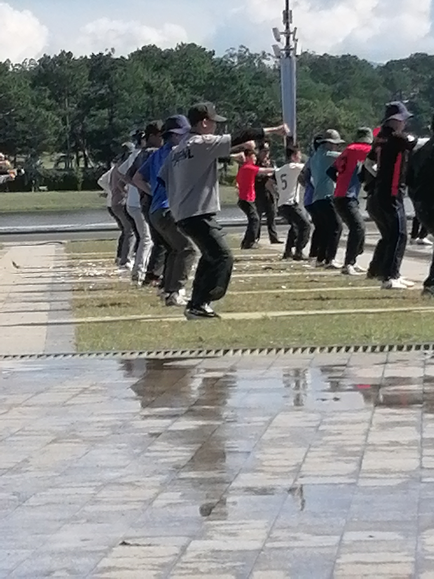 In Da Lat, Vietnam, a group of people is engaged in a synchronized outdoor activity, possibly exercise or a performance, on a paved area adjacent to a grassy strip and trees. The ground in the foreground is wet and reflective, indicating recent rainfall or water spillage. The individuals, varying in age and gender, are dressed in casual athletic wear, including t-shirts, pants, and hats. They are arranged in a line, facing in the same direction and performing similar movements, suggesting a coordinated routine. Their postures and the direction of their gaze imply they are focused on a common point, likely an instructor or a leader not fully visible in the frame. In the background, a tall, multi-faceted metallic structure, possibly a communication tower or a sculpture, stands against a backdrop of lush green trees and a partly cloudy sky. The overall scene depicts a public gathering for an organized outdoor activity in an urban park or recreational area.
