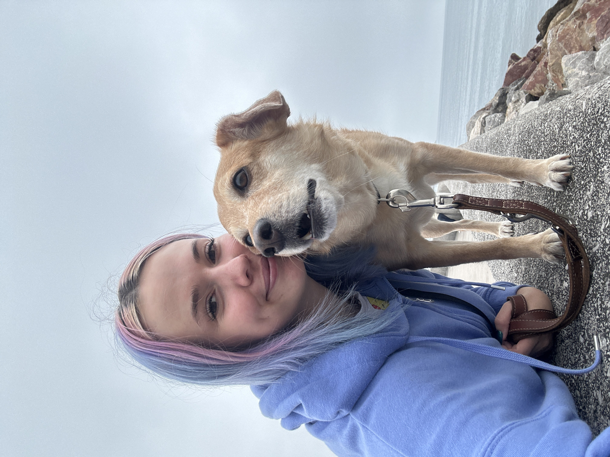 A young woman with multi-colored hair is taking a selfie with her light brown dog on a coastal walkway in Gijón, Spain. The woman is wearing a blue hoodie and is leaning in towards the dog. The dog is looking towards the camera with its mouth slightly open. The walkway appears to be made of concrete with rocks along the edge. The sea is visible in the background under an overcast sky.