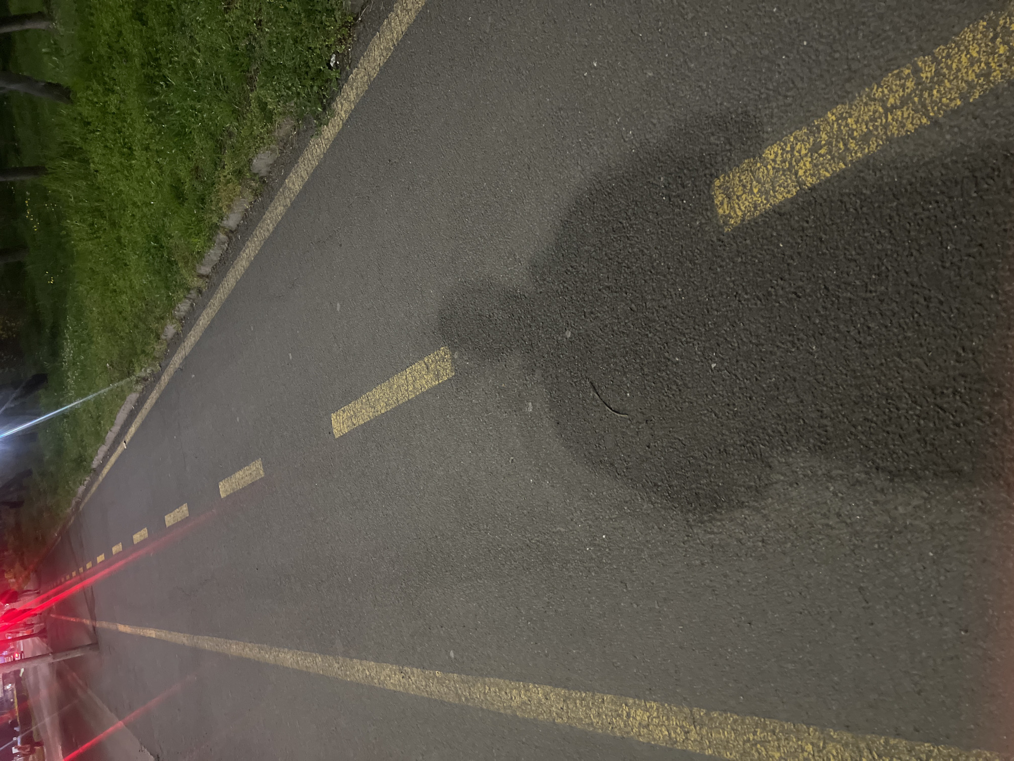 This image shows a paved bicycle path marked with yellow lines in Burgas, Bulgaria. The path is adjacent to a grassy area on the left and extends into the distance. There's a shadow cast on the path, obscuring some of the markings. Light sources and the presence of vehicles with red lights can be seen in the distance. The environment suggests it's either dusk or night.