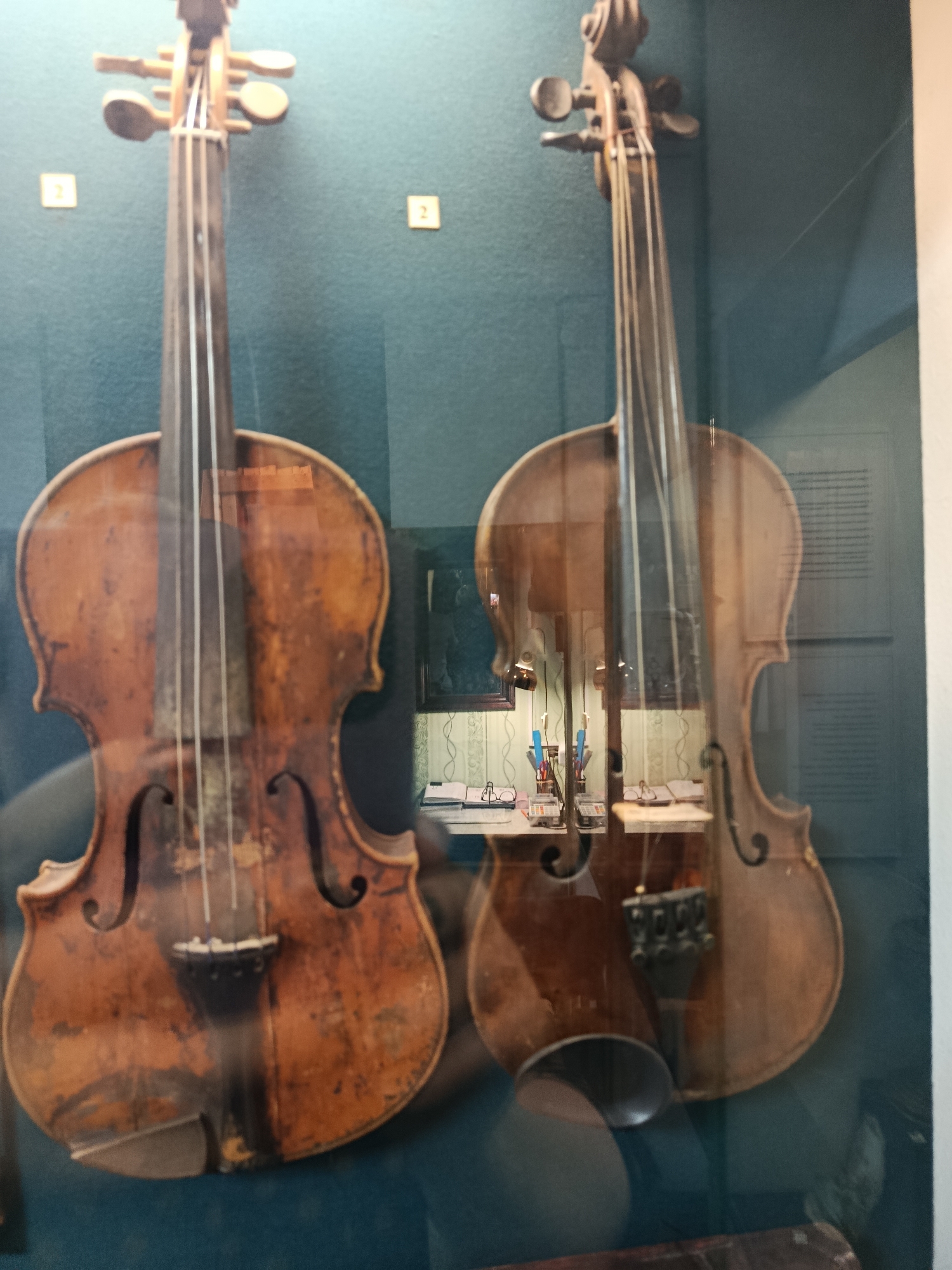 In the foreground, two violins are displayed vertically behind glass. The violin on the left is a darker wood, with visible wear and tear. The violin on the right is lighter in color and also shows signs of age. Both instruments have their strings attached, tuning pegs, and bridges. Behind the violins, a wall painted a deep teal is visible. To the left of the left violin, a small square label with the number "1" is affixed to the wall. To the right of the right violin, a similar label with the number "2" is also on the wall. A reflection in the glass reveals another display case with what appears to be a table holding pens, papers, and spectacles. In the background, further reflections show patterned wallpaper and a framed picture. The overall scene suggests a museum or exhibition setting.
Based on information available about the Braslaw Museum of Folk Crafts, which features exhibits related to traditional Belarusian musical instruments, it is likely that this image was taken in that location in Braslaw, Belarus. The violins, the museum-like presentation, and the inclusion of labels are consistent with such an exhibit.