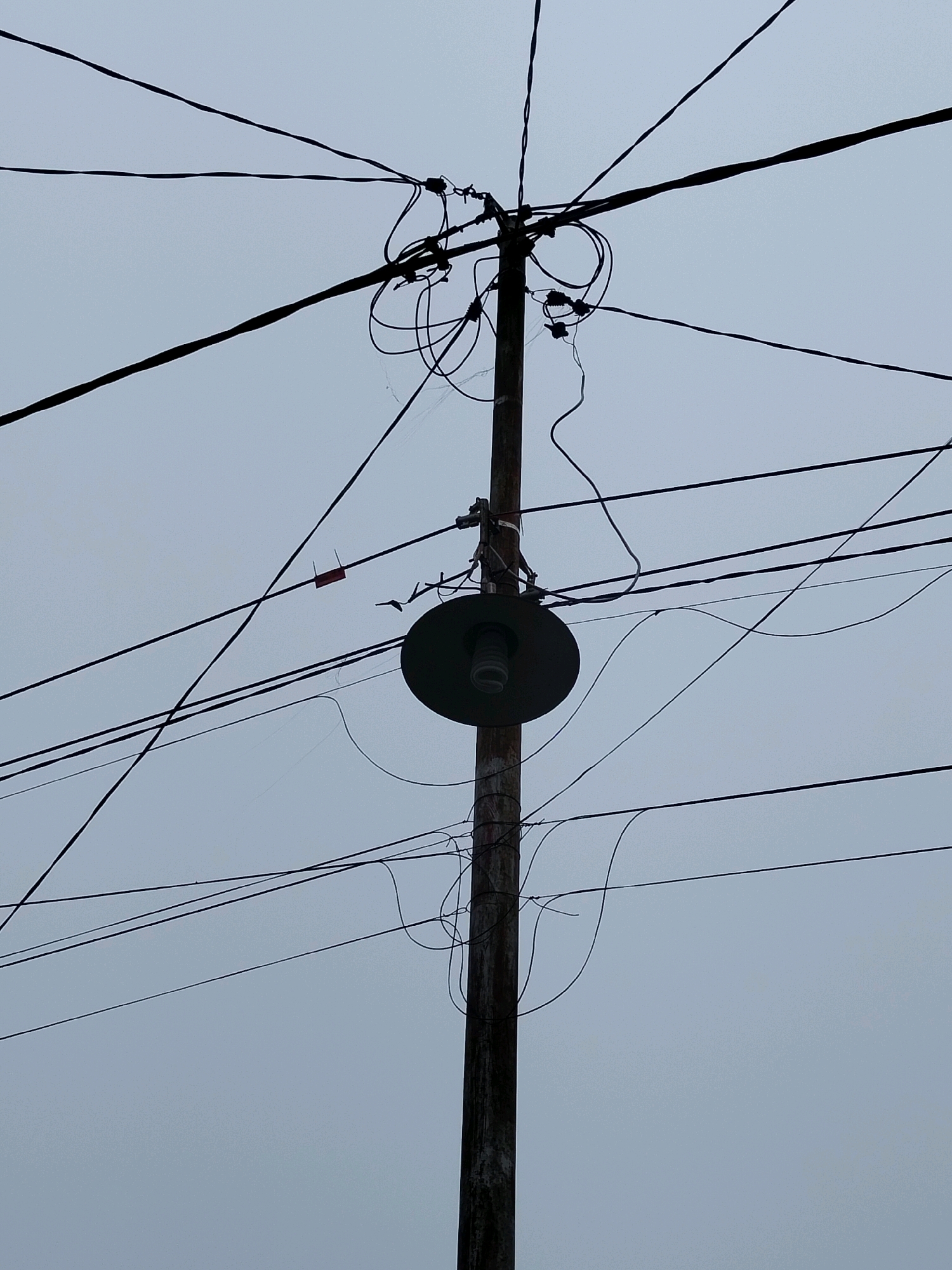A low-angle shot captures a utility pole in Arang Limbung, Indonesia, against a muted, overcast sky. The wooden pole, weathered and dark, is heavily encrusted with a multitude of black electrical wires, some taut and others dangling in loose loops. A streetlamp, with a dark, circular shade and a visible bulb, is affixed to the pole. The wires are a complex network, crisscrossing and intertwining, creating a chaotic visual. One wire, in the upper left quadrant, has a small, rectangular red tag attached to it. The environment appears urban, given the presence of utility infrastructure, but the overall impression is one of disarray due to the tangled wires.