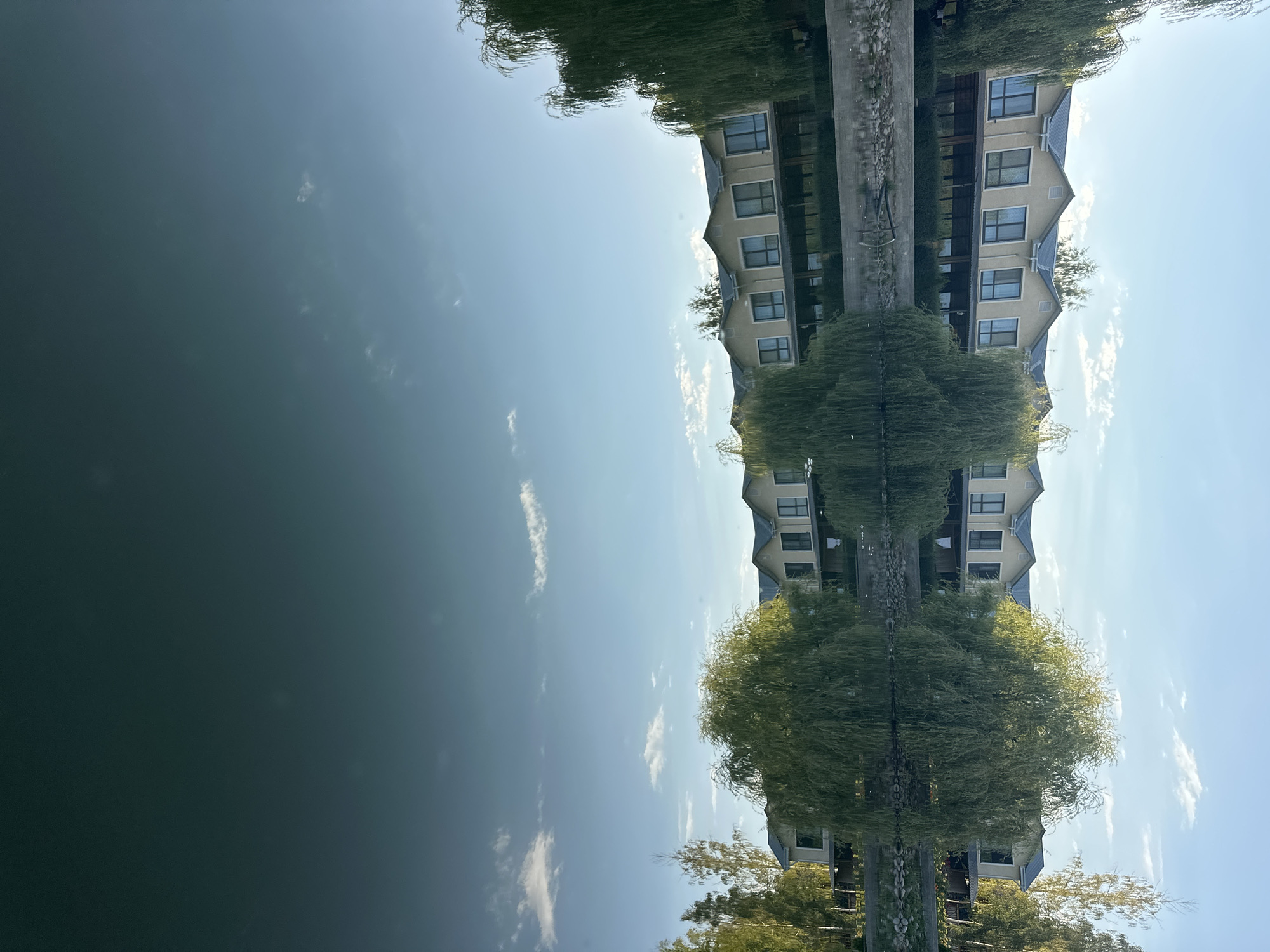 This image captures a tranquil scene in the city of Grigorevka, Kyrgyzstan. A row of beige townhouses with dark-tiled roofs and large windows stands along the bank of a calm body of water. Lush green weeping willow trees are prominently featured, their branches cascading down towards the water, creating a serene atmosphere. The water acts as a perfect mirror, reflecting the townhouses, trees, and the clear blue sky with scattered white clouds. The shoreline is lined with rocks and some low-lying green bushes. The overall impression is one of peaceful residential living integrated with nature.