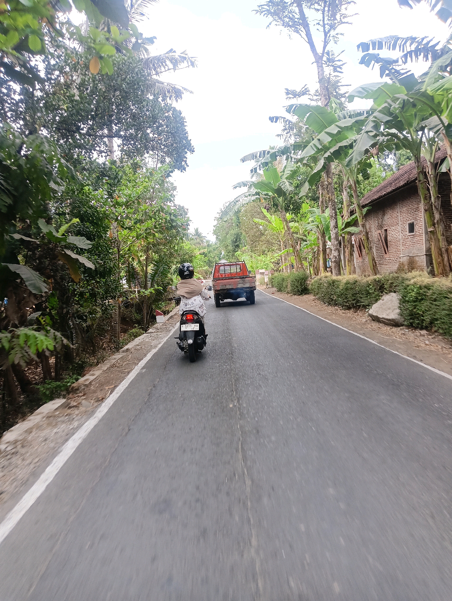 A high-angle, eye-level shot captures a two-lane asphalt road in Dermasari, Indonesia, flanked by dense vegetation and banana trees. The sky is bright and overcast. In the foreground, a person on a black motorcycle, identified by license plate B 5215 KU, travels away from the camera, their face obscured by a helmet and light-colored headscarf. They wear a white and grey patterned shirt and a tan scarf. Behind the motorcycle, a red pickup truck, emitting a faint trail of exhaust, also moves away from the camera. To the right of the road, a single-story brick building with a tiled roof stands amidst the greenery, with a large grey rock situated in front of a trimmed hedge. The road itself has a white line marking its left edge, and the surrounding environment suggests a rural or semi-rural setting.
