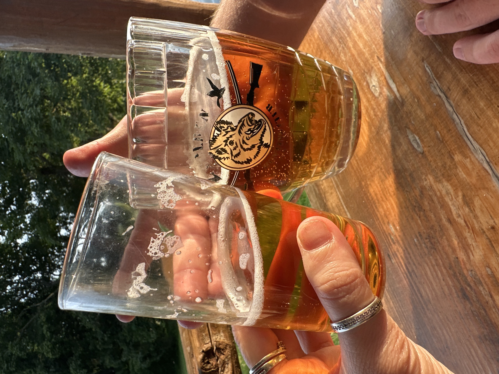 Two glasses of beer are being held up in a toast outdoors. The glasses are on a wooden table. In the background, there are trees and a glimpse of sky. One of the glasses has a circular emblem with a boar's head and a rifle. The person holding the left glass is wearing two rings on their left hand. The scene appears to be in Norviliškės, Lithuania, based on the context provided.