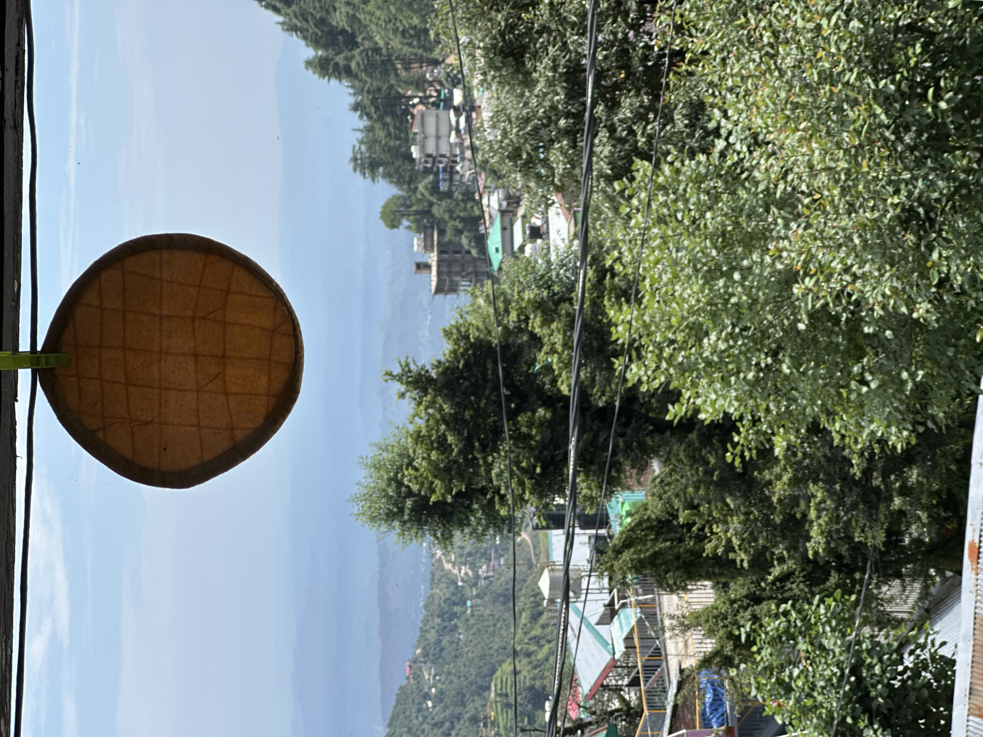 A circular, woven placemat hangs by a green clip from a dark wire against a hazy, blue sky with distant mountain ranges and a town nestled in the valleys. The placemat is golden brown with a criss-cross pattern. Below the sky and placemat, lush green trees dominate the foreground. In the midground, buildings with colorful roofs, some appear to be houses or small hotels, are visible amongst the trees. A winding road is also visible on the hillside. Electrical wires are strung across the scene, obscuring parts of the view. The overall impression is of a scenic, elevated view of a town surrounded by natural landscape.