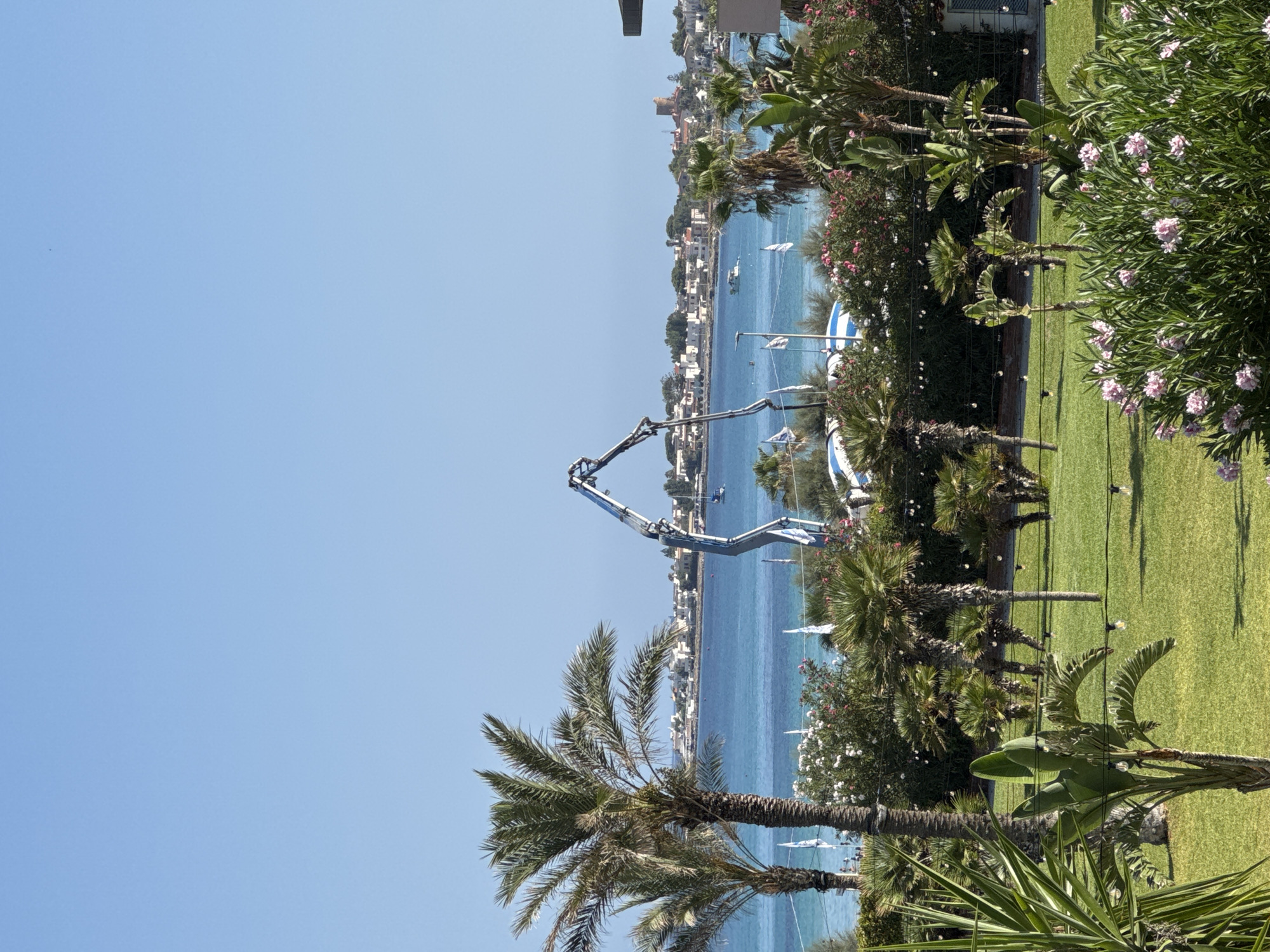 This image depicts a scenic view of the Isola delle Femmine, Italy, with a focus on the coastline and a vibrant green landscape. In the foreground, a well-maintained lawn is dotted with various tropical plants, including palm trees and flowering bushes, some adorned with decorative string lights.
In the middle ground, a tranquil blue sea stretches towards a picturesque coastal town characterized by buildings with terracotta roofs. Several white flags on poles are visible along the shoreline, and a few boats are scattered across the water. A striking feature of the scene is a large, blue construction crane with articulated arms positioned over the water, suggesting ongoing development or infrastructure work.
The background is dominated by a clear, bright blue sky, typical of a sunny day. The overall impression is one of a coastal resort or residential area, where natural beauty coexists with construction activities. There are no discernible individuals or explicit interactions captured in the frame.