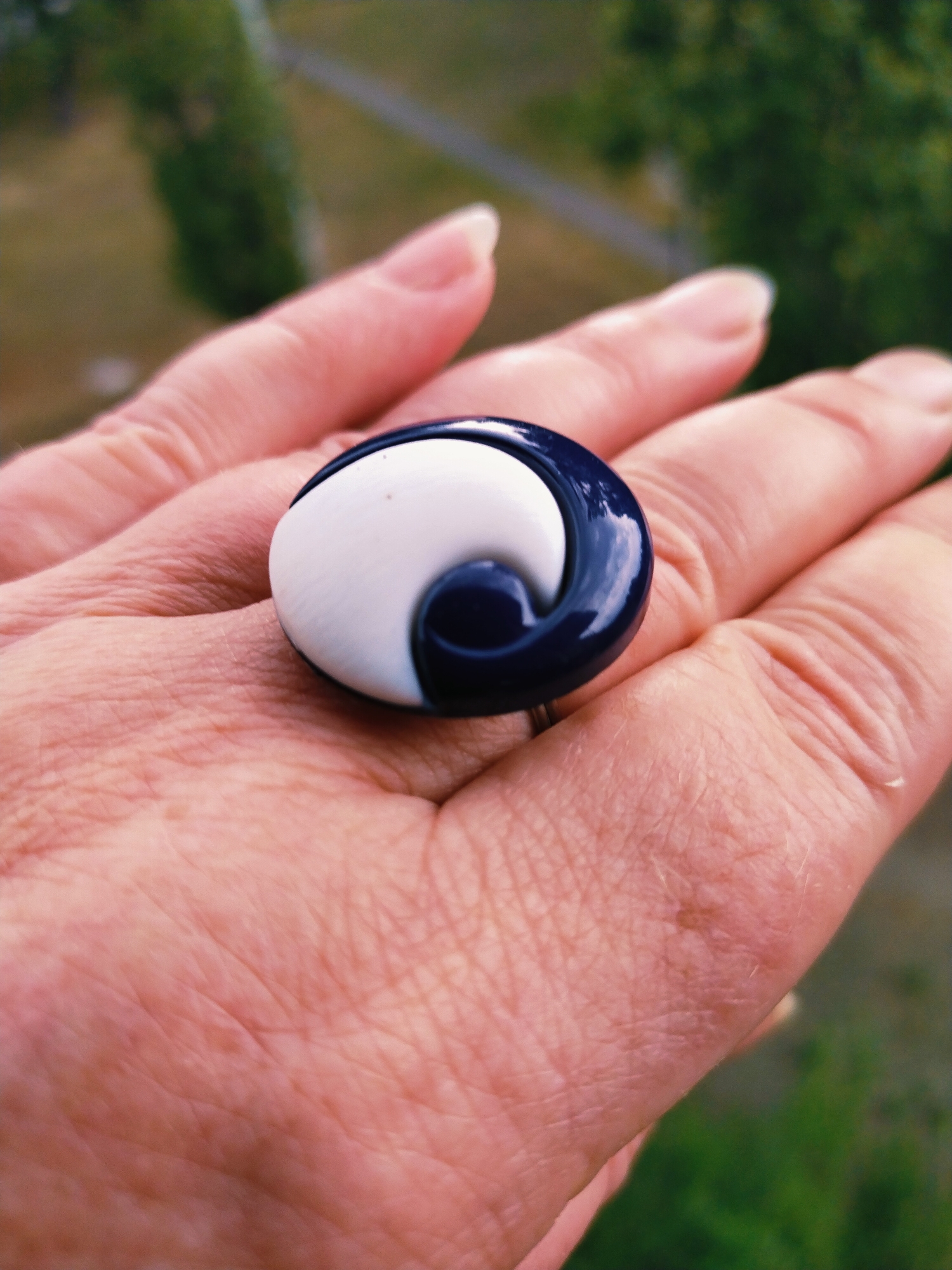A close-up, slightly tilted, vertical, eye-level shot focuses on a person's left hand with a ring on the index finger. The hand is positioned in the foreground, with the skin showing texture and wrinkles. A dark blue and white yin-and-yang shaped ring is the central object, resting on the knuckle of the index finger. The background is blurred, showing greenery and a hint of a path or road, suggesting an outdoor setting. The image appears to be taken in Horishni Plavni, Ukraine, given the context.