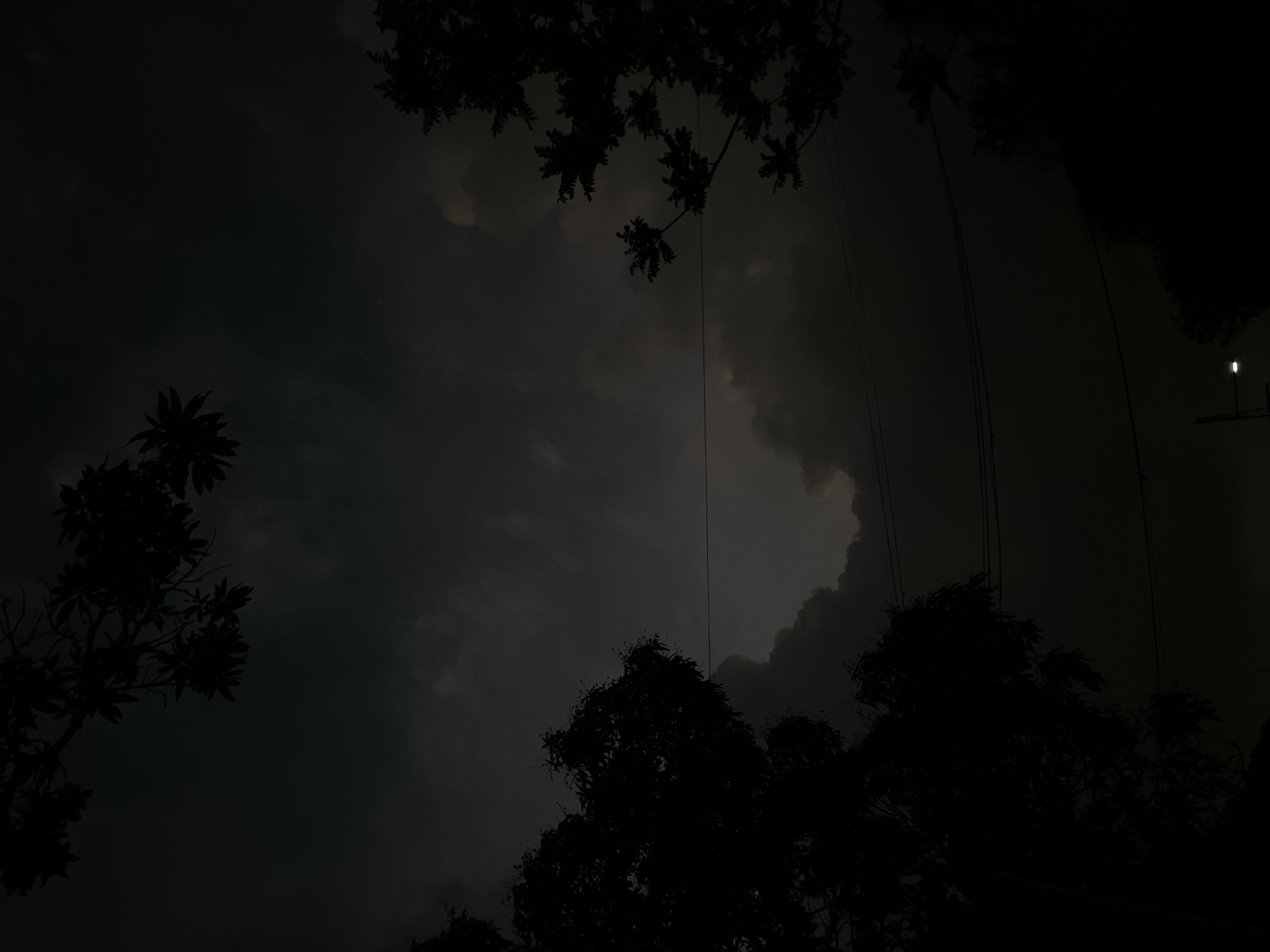 The image depicts a dark, cloudy sky with silhouettes of trees and power lines against it. The lighting suggests it is either dawn or dusk, with some faint illumination breaking through the clouds in the center. The scene appears to be an outdoor environment within a city, given the presence of power lines and what looks like a street light at the bottom. The overall mood is somber and quiet. The location is identified as San Sebastián, Venezuela.