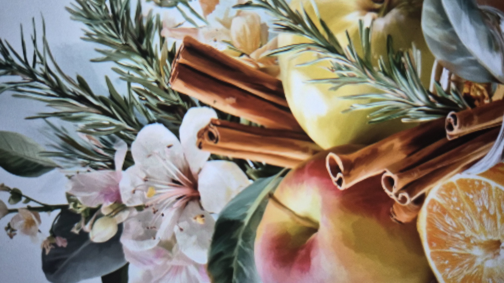 The image is a close-up of an arrangement of various fruits, spices, and flowers. Predominantly, there are cinnamon sticks, a sliced orange, apples (one with red and yellow tones and another green), and sprigs of rosemary. There are also white and pink flowers present, along with some green leaves and light-colored, round objects that could be nuts. The location is unknown as there is no clear evidence suggesting that the scene is in Kalipetrovo, Bulgaria.